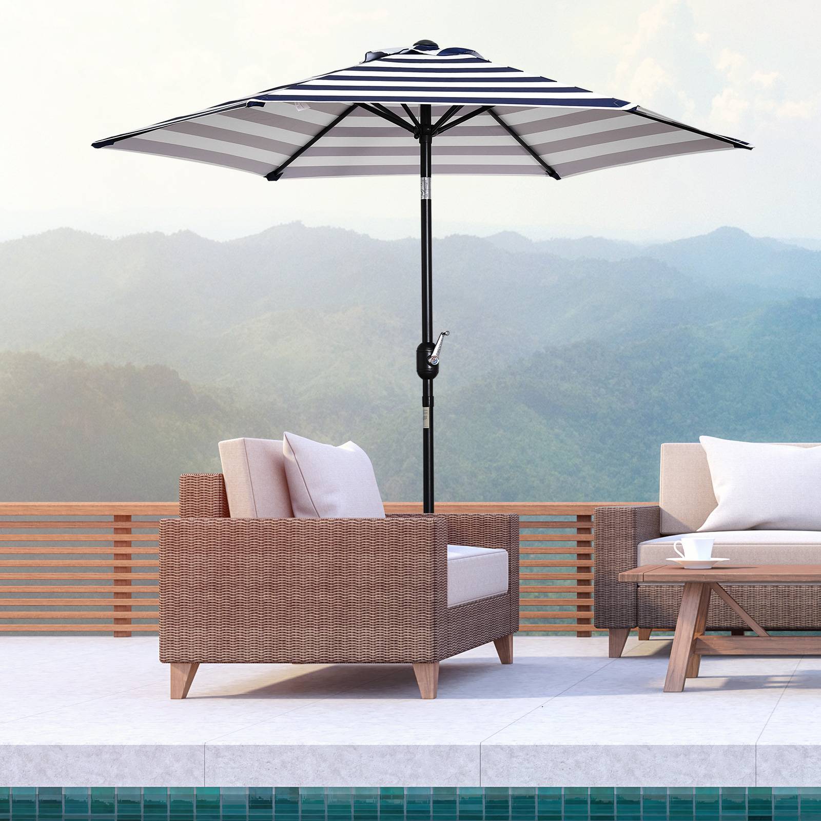 Parasol bleu et blanc Ø230x216 cm avec angle réglable et toile imperméable, parasol balcon terrasse extérieur - Image 3