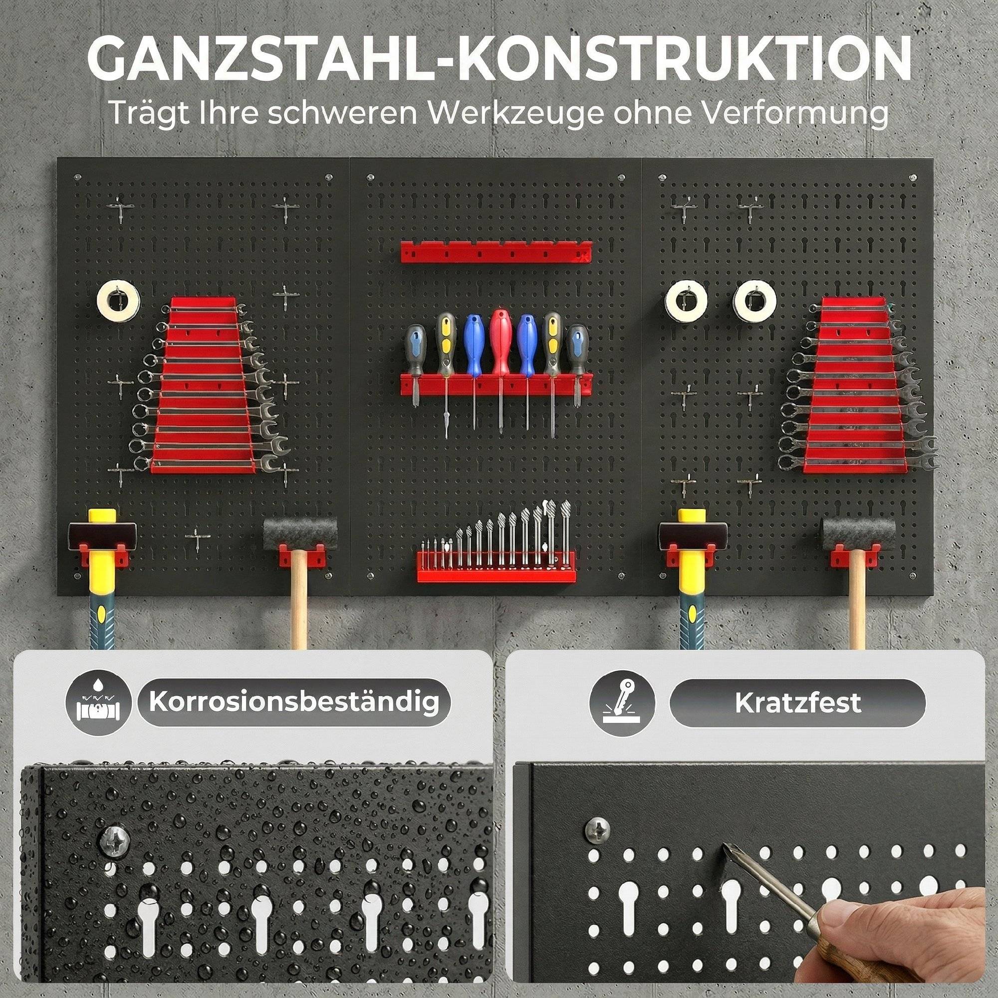 Sans Marque - Etagère murale système de rangement 60 x 40 cm, 28 pièces. Etagère goulotte avec compartiments de rangement à crochets, étagère d'atelier, noir+rouge - Image 6