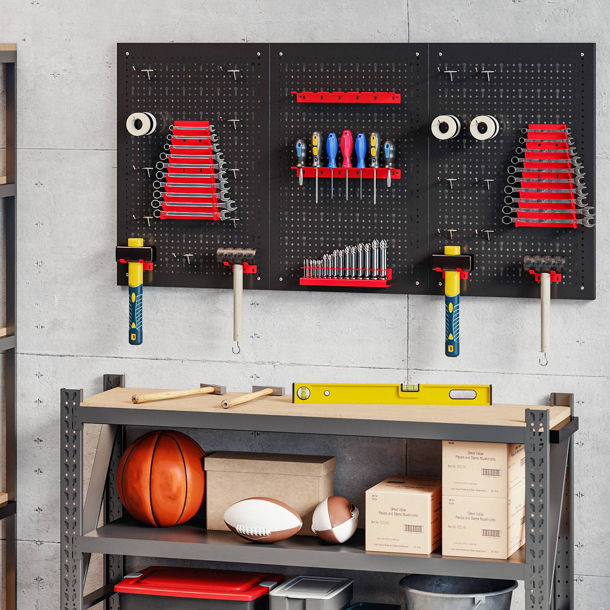 Sans Marque - Etagère murale système de rangement 60 x 40 cm, 28 pièces. Etagère goulotte avec compartiments de rangement à crochets, étagère d'atelier, noir+rouge - Image 4