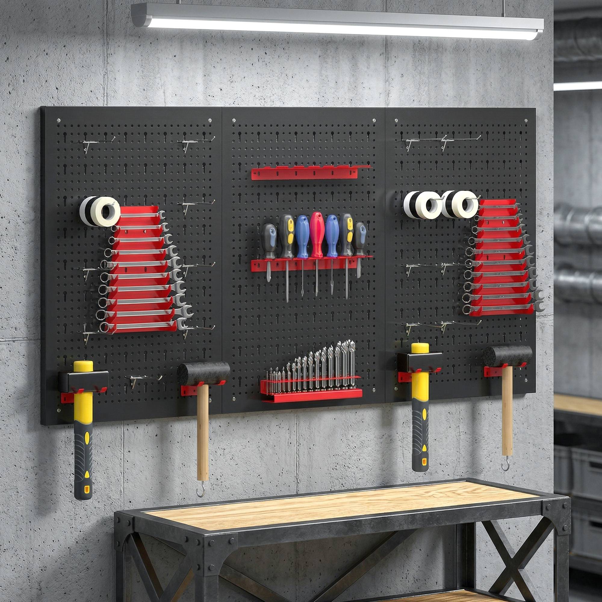 Sans Marque - Etagère murale système de rangement 60 x 40 cm, 28 pièces. Etagère goulotte avec compartiments de rangement à crochets, étagère d'atelier, noir+rouge - Image 3