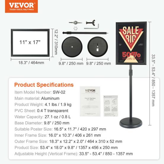 VEVOR Porte-affiche 420x297 mm, rotation 360°, hauteur réglable 850-1357 mm. Alu, base lestée, PVC, pour menu. - Image 7
