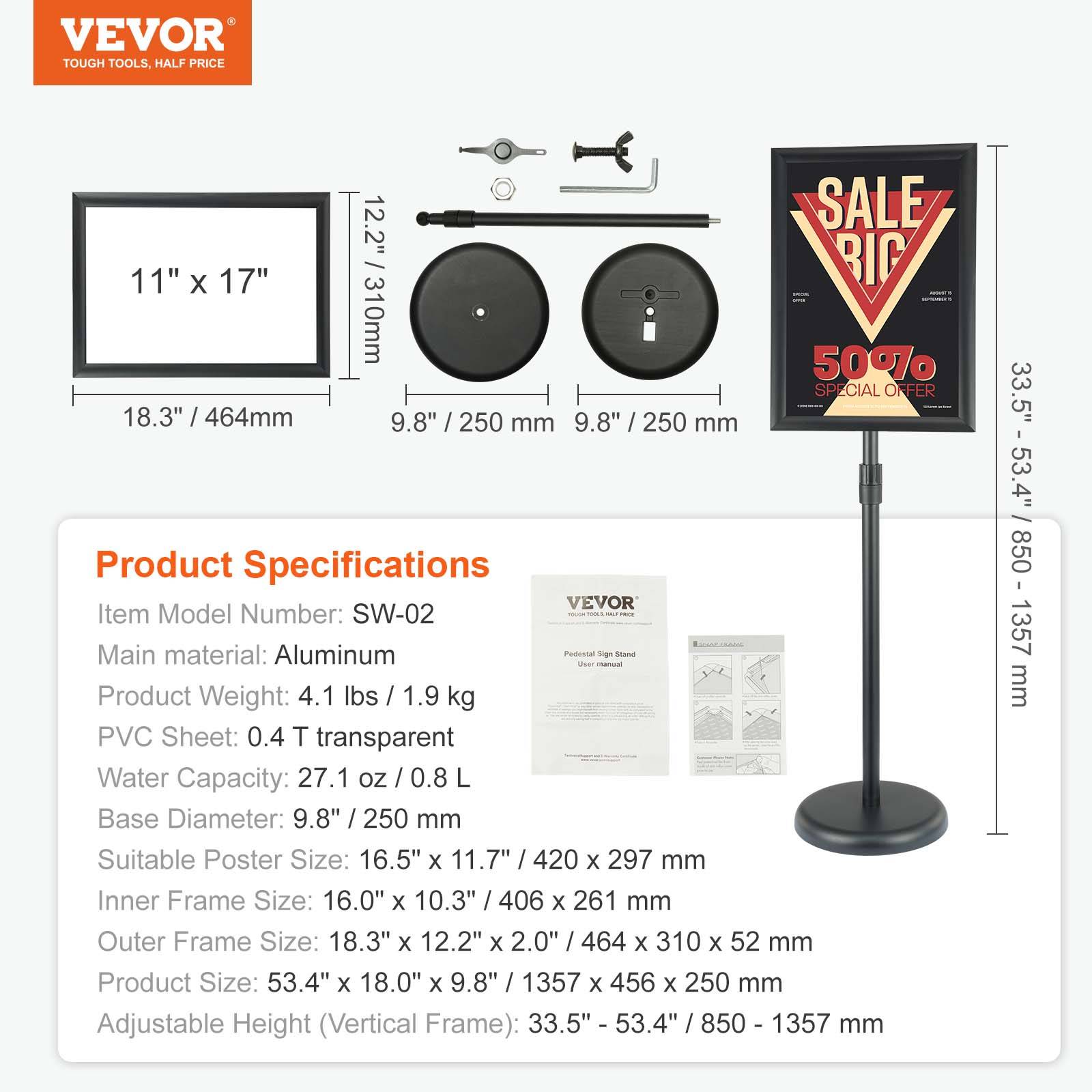 VEVOR Porte-affiche 420x297 mm, rotation 360°, hauteur réglable 850-1357 mm. Alu, base lestée, PVC, pour menu. - Image 7