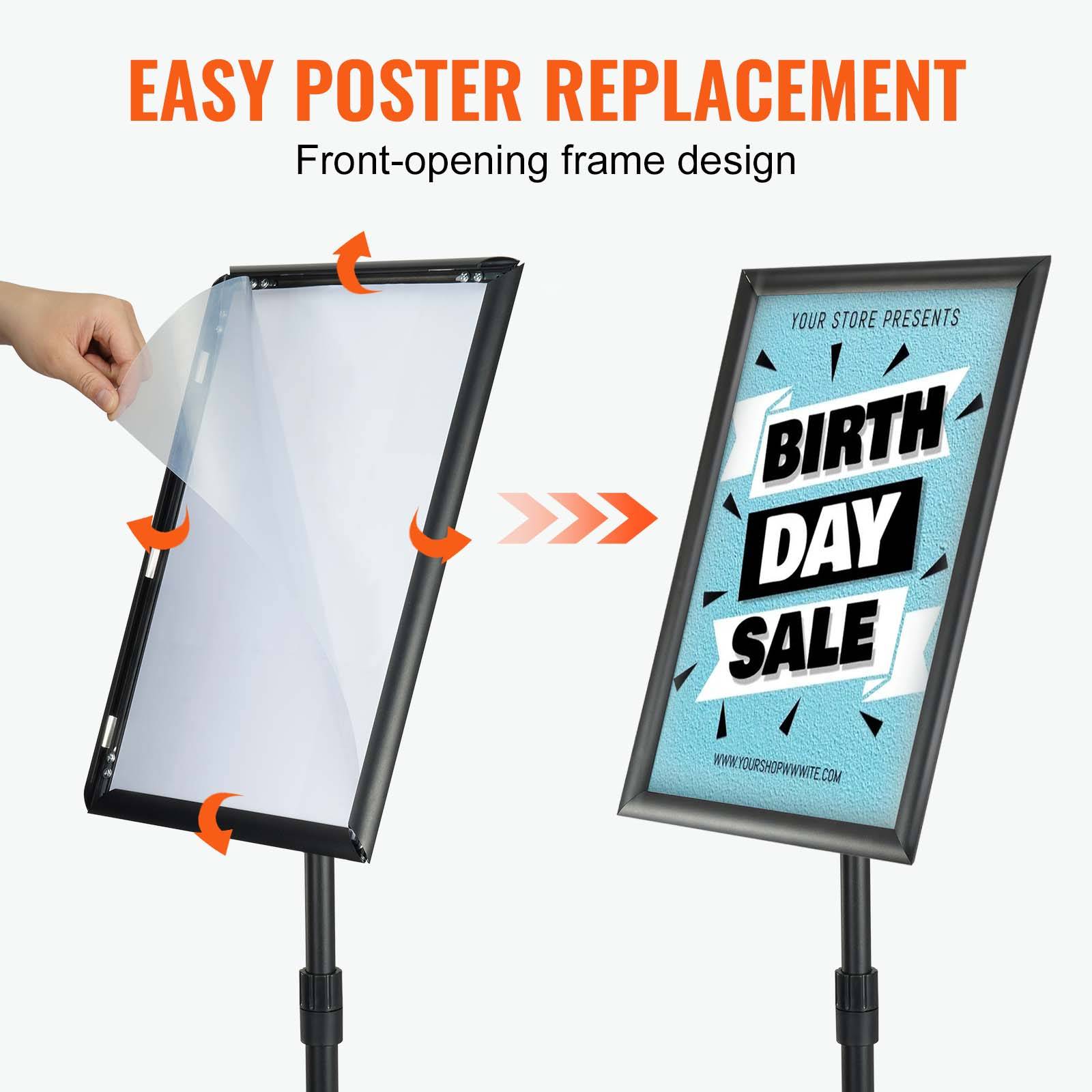 VEVOR Porte-affiche 420x297 mm, rotation 360°, hauteur réglable 850-1357 mm. Alu, base lestée, PVC, pour menu. - Image 6