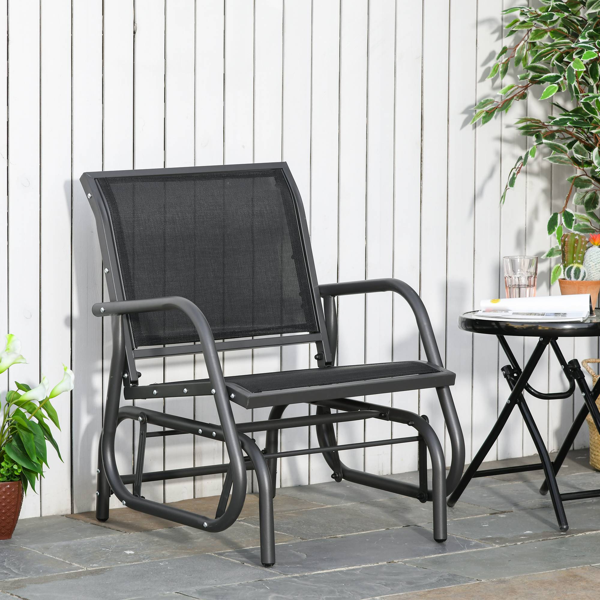 Fauteuil à bascule métal jardin balcon assise ergonomique 70x66x85cm noir - ComfortXL Outdoor Living - Image 4