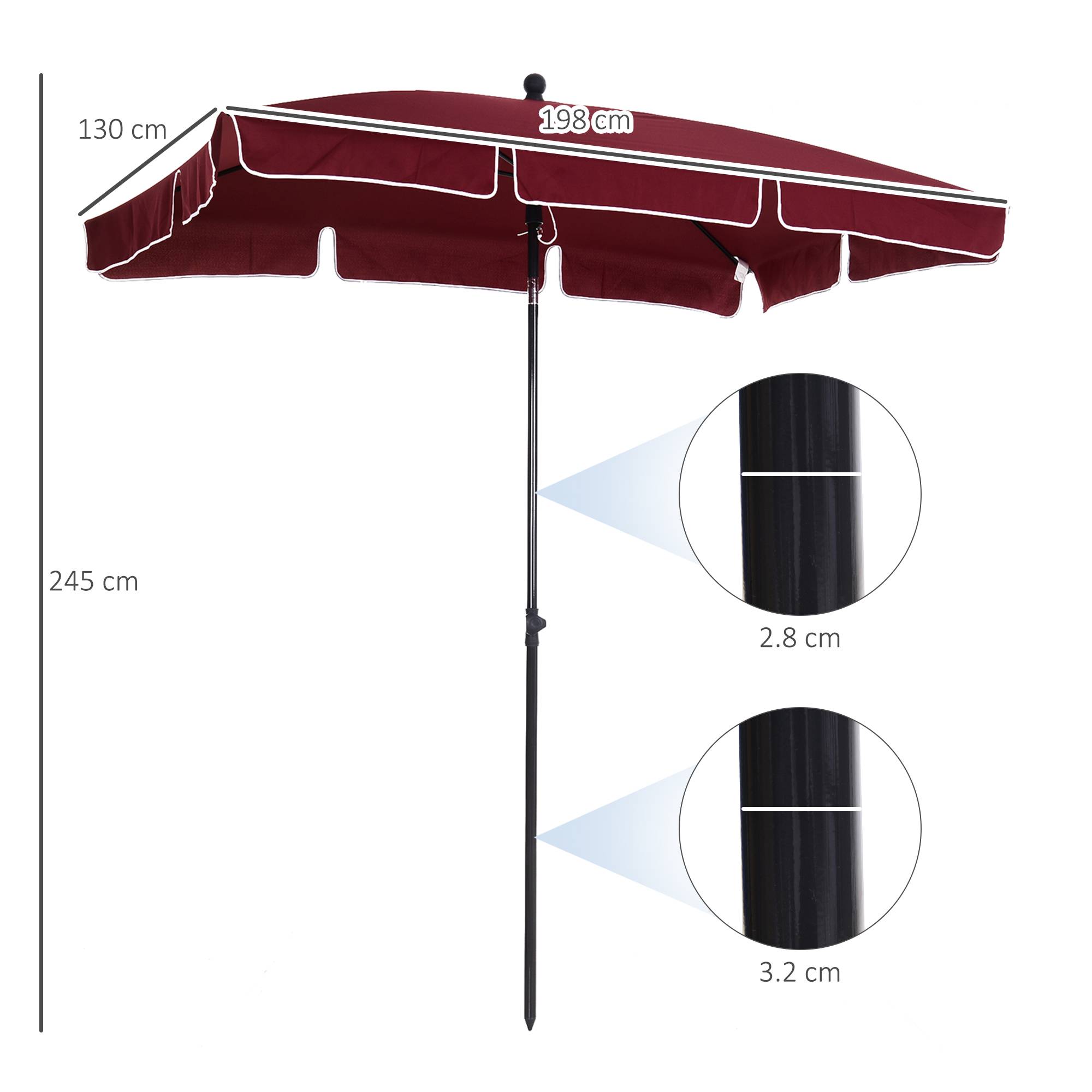 Parasol rectangulaire aluminium extérieur jardin inclinaison ajustable 200x130 cm rouge - ComfortXL Outdoor Living - Image 5