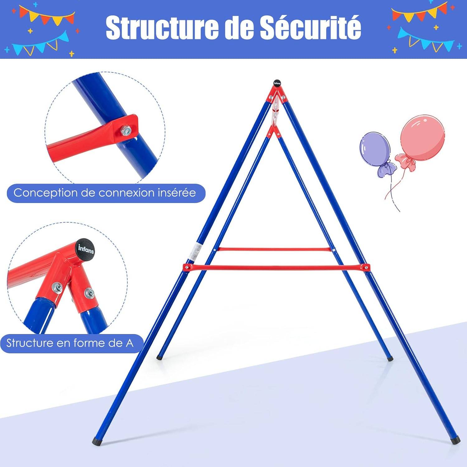 Portique de Balançoire en Métal avec Structure en A,Charge 250kg , 194x184x180cm(Rouge) - Image 2