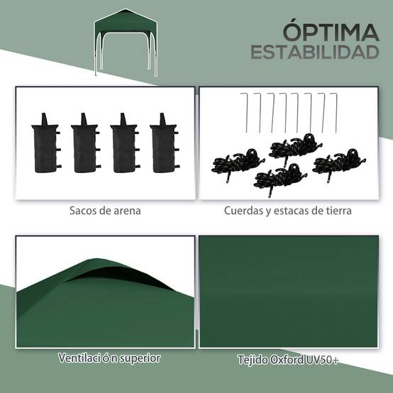 Tente de jardin 2,5 x 2,5 x 2,68 m, protection UV, hauteur réglable (plus de 50 cm), 4 sacs de lestage et sac de transport inclus (vert). - Image 9