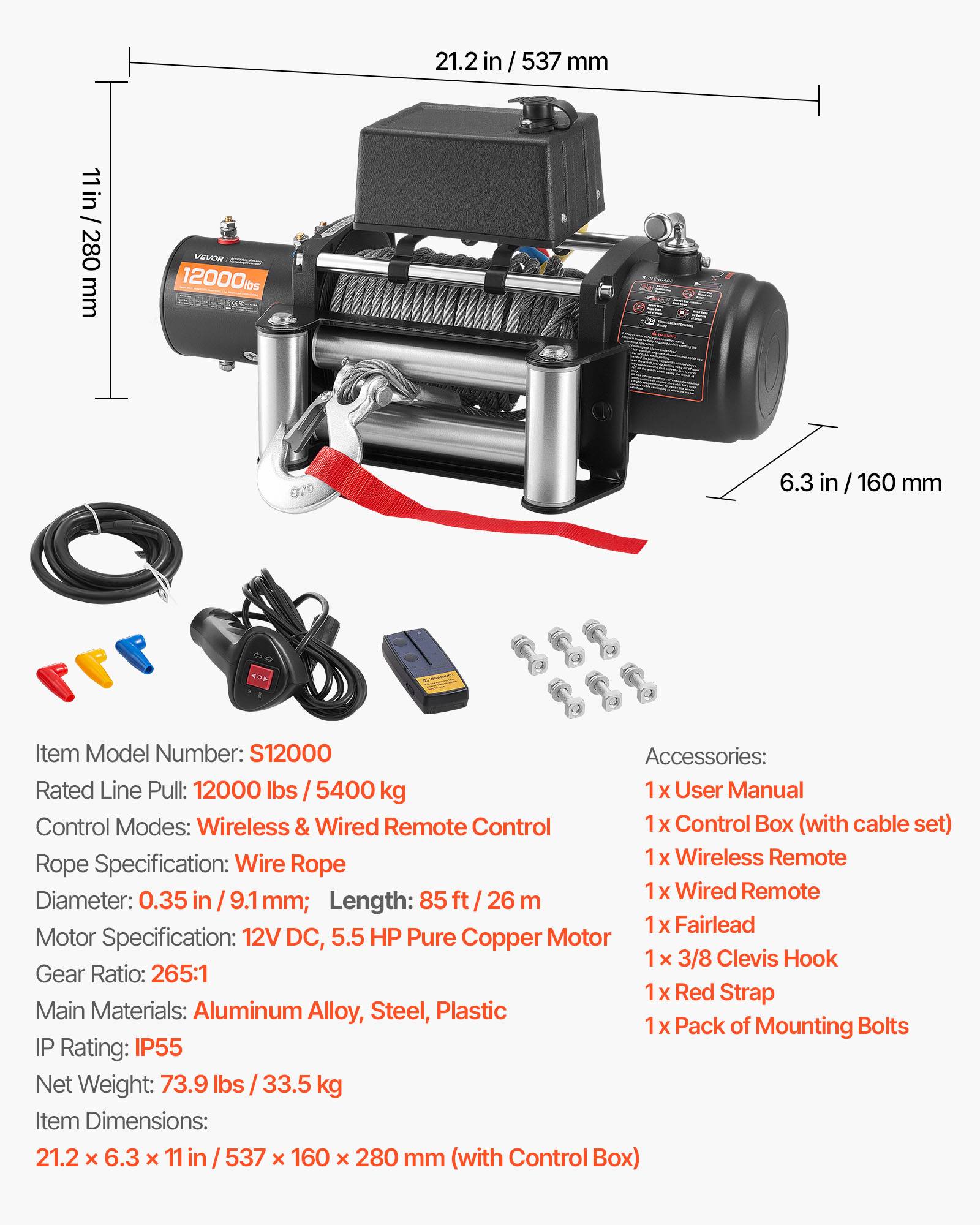 Vevor - VEVOR Treuil électrique 12 V 5 400 kg, câble acier 9,1 mm x 26 m, télécommande filaire et sans fil - Image 6