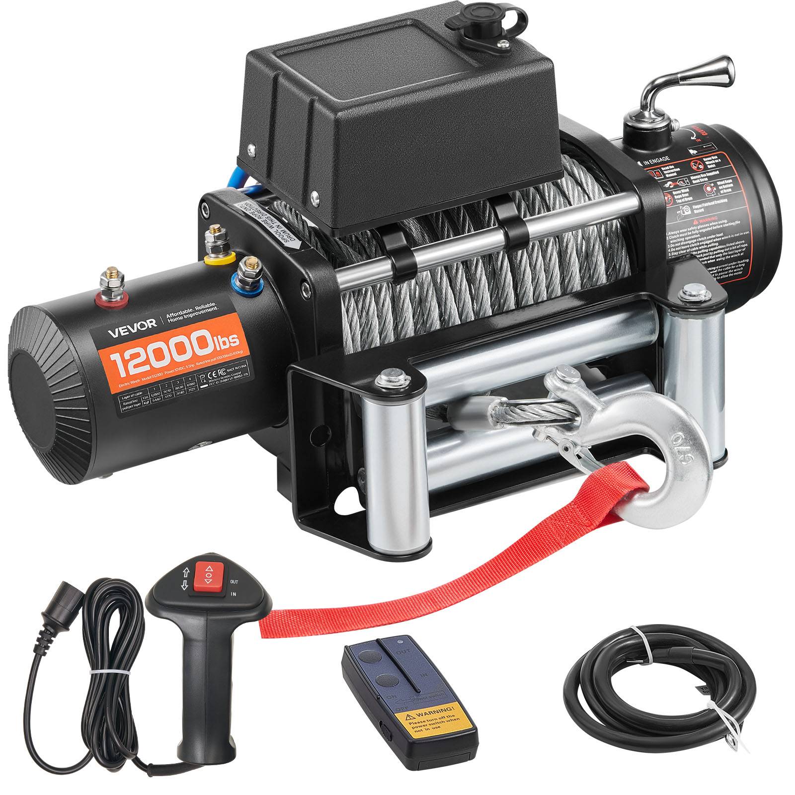 Vevor - VEVOR Treuil électrique 12 V 5 400 kg, câble acier 9,1 mm x 26 m, télécommande filaire et sans fil - Image 1