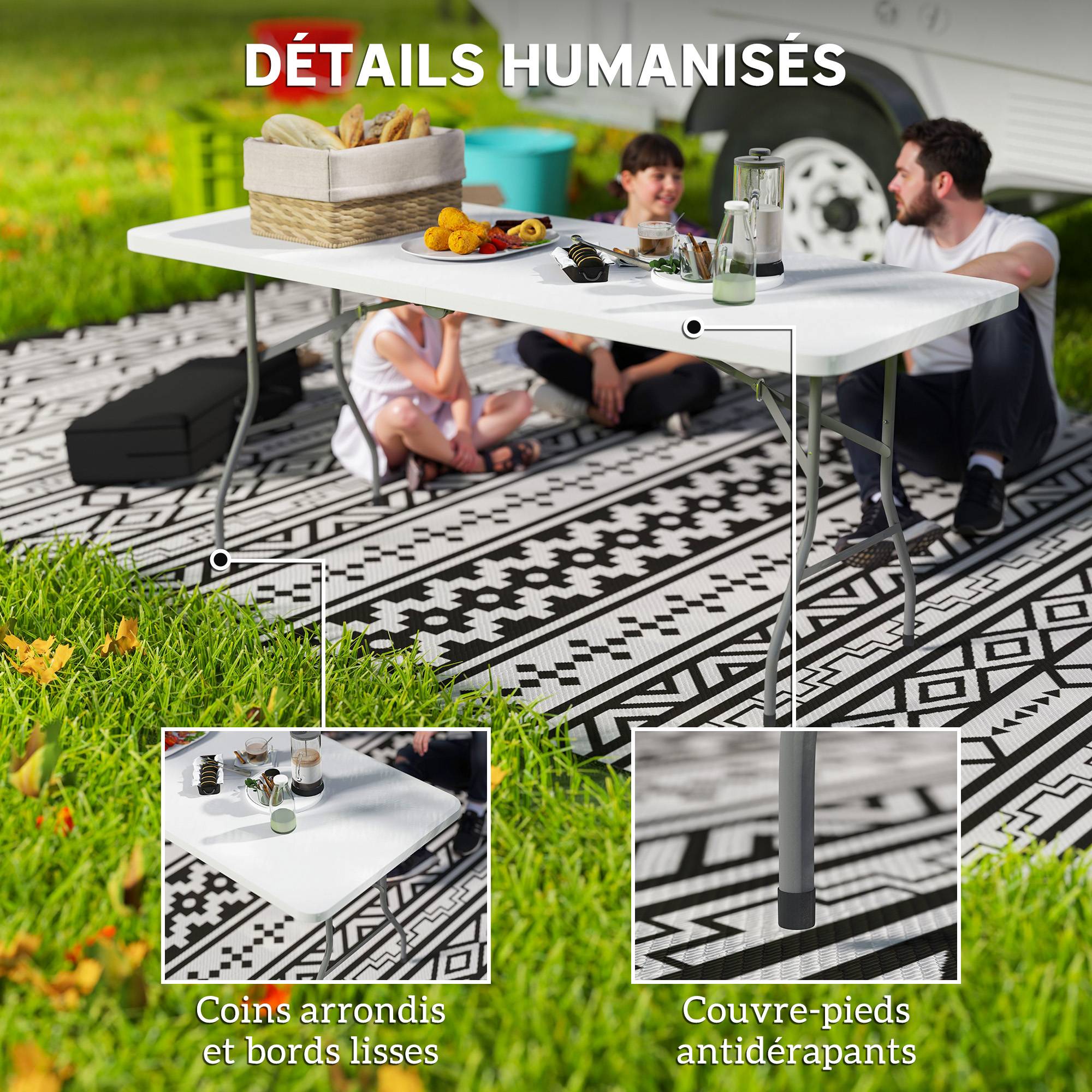 Table pliante en HDPE table de camping pliante extérieur avec poignée couvre-pieds antidérapants 180 x 74 x 74 cm, blanc - Image 8