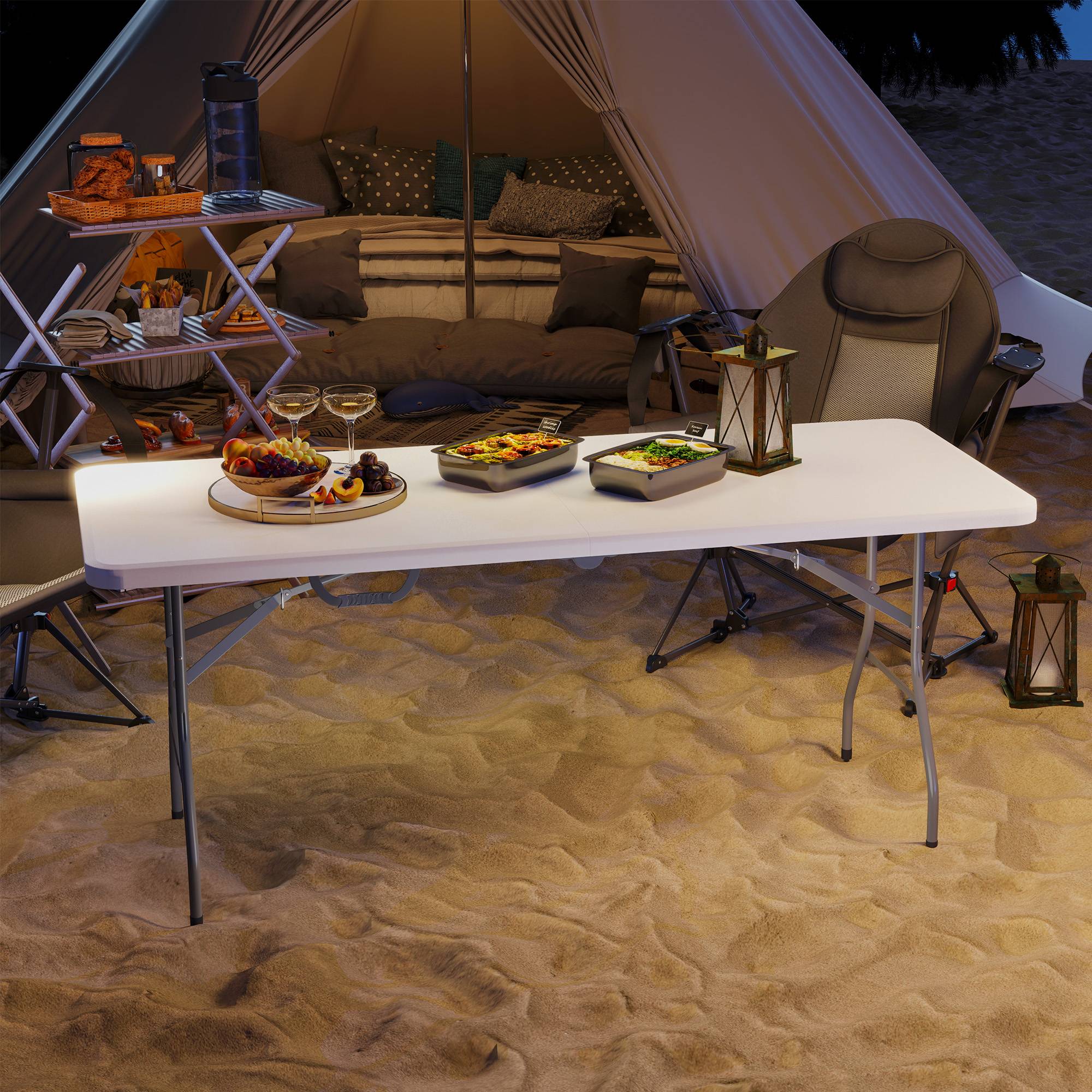 Table pliante en HDPE table de camping pliante extérieur avec poignée couvre-pieds antidérapants 180 x 74 x 74 cm, blanc - Image 10