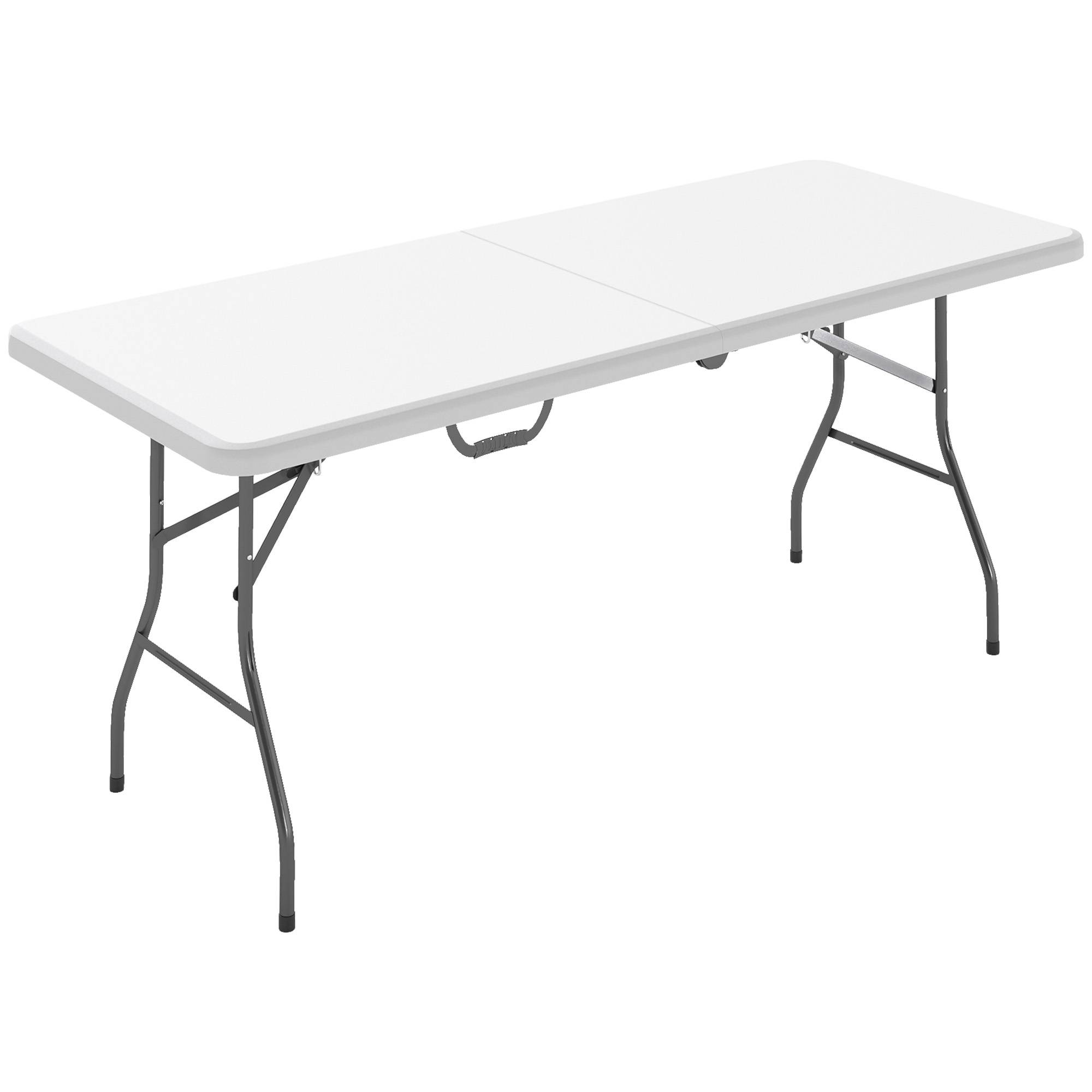 Table pliante en HDPE table de camping pliante extérieur avec poignée couvre-pieds antidérapants 180 x 74 x 74 cm, blanc - Image 1