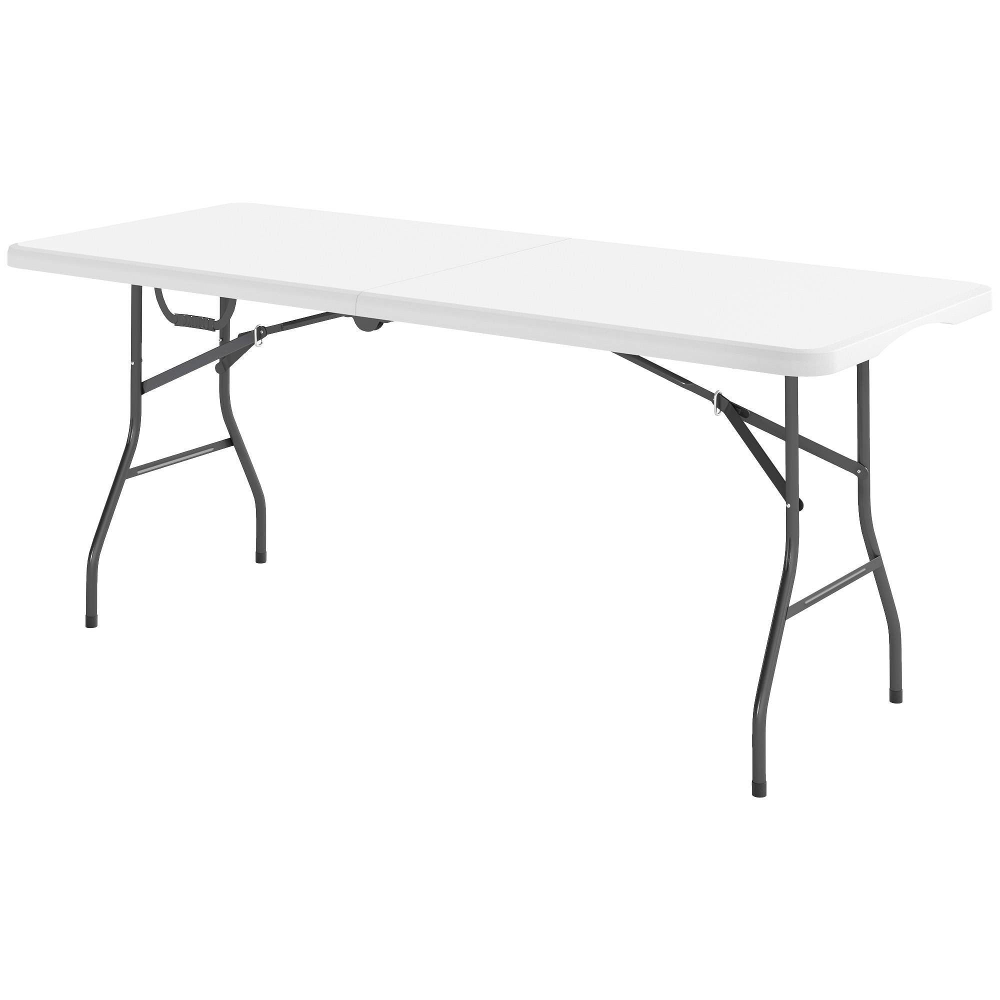 Table pliante en HDPE table de camping pliante extérieur avec poignée couvre-pieds antidérapants 180 x 74 x 74 cm, blanc - Image 2
