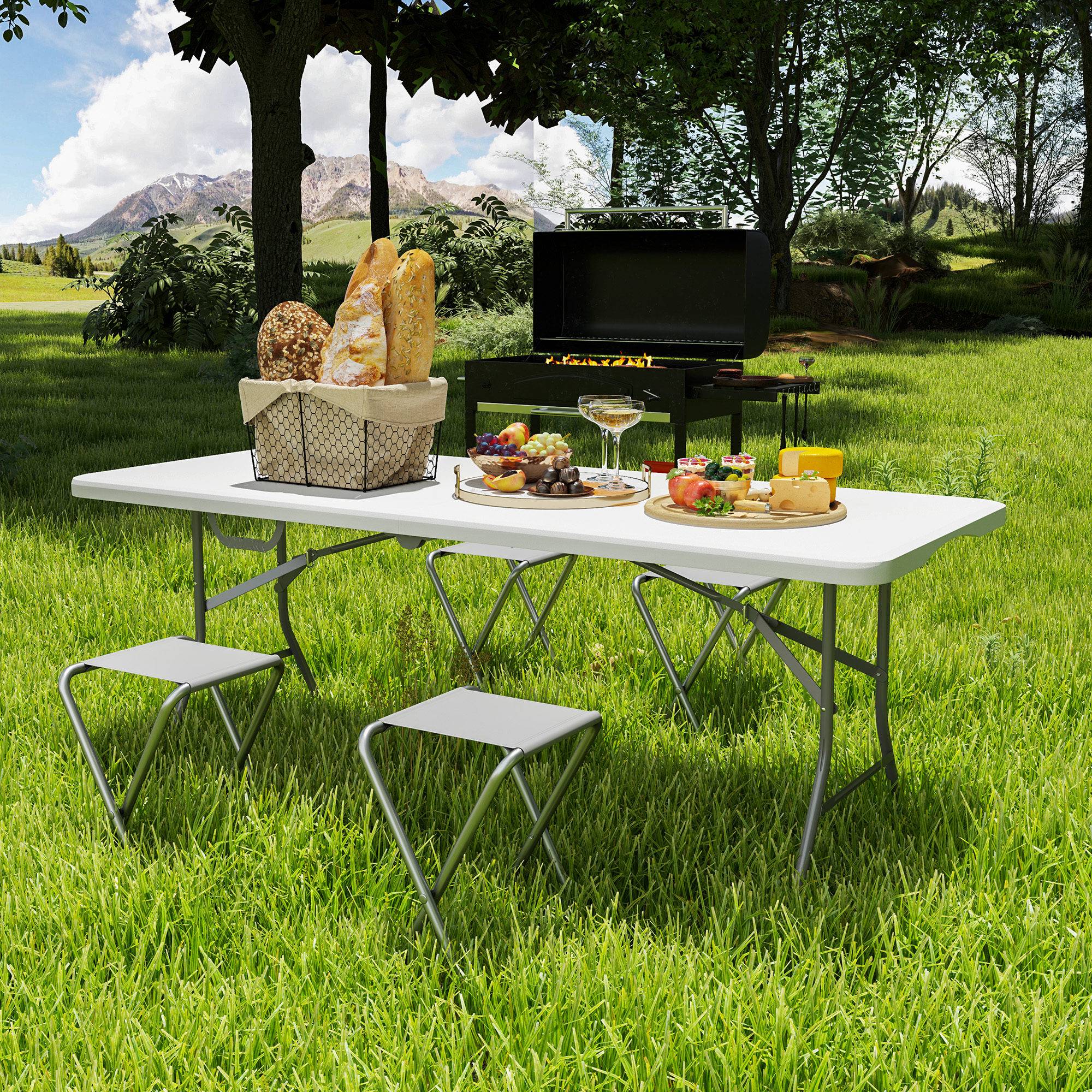 Table pliante en HDPE table de camping pliante extérieur avec poignée couvre-pieds antidérapants 180 x 74 x 74 cm, blanc - Image 9