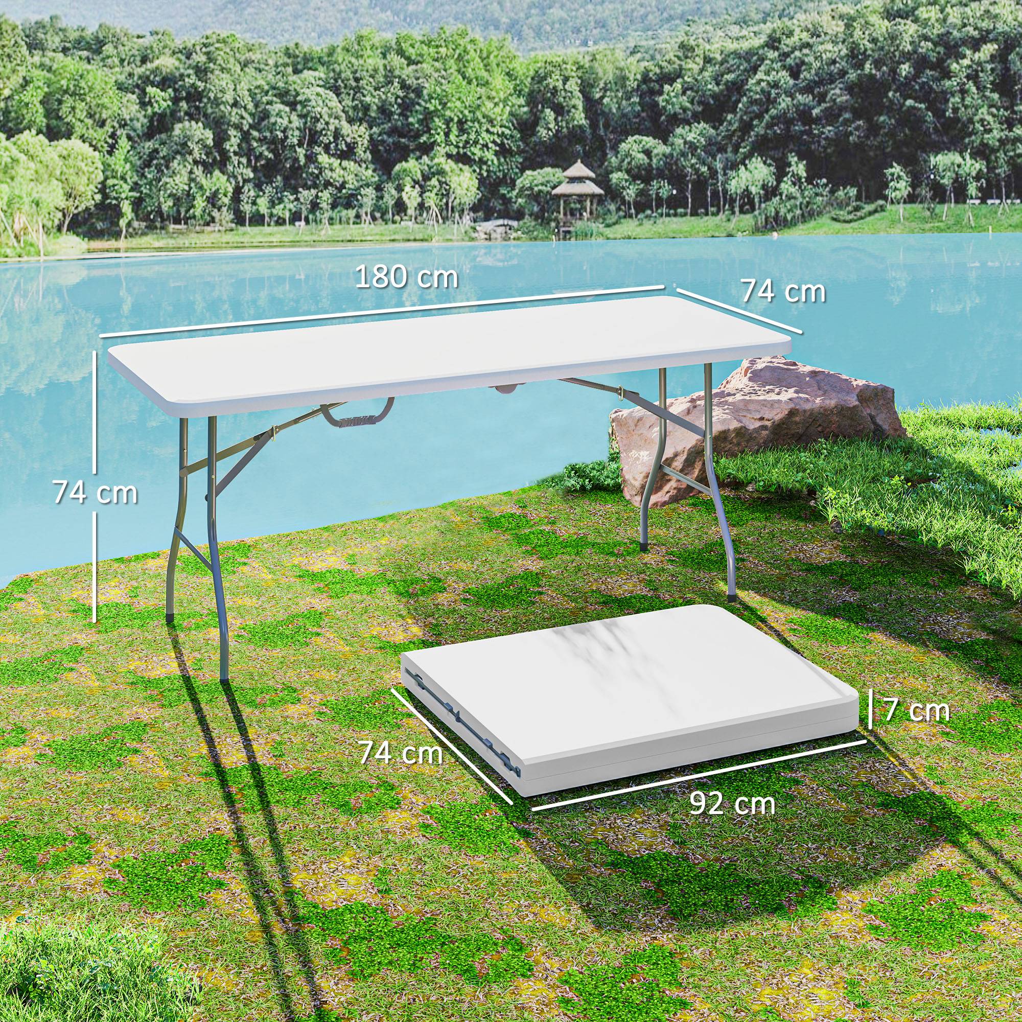 Table pliante en HDPE table de camping pliante extérieur avec poignée couvre-pieds antidérapants 180 x 74 x 74 cm, blanc - Image 5