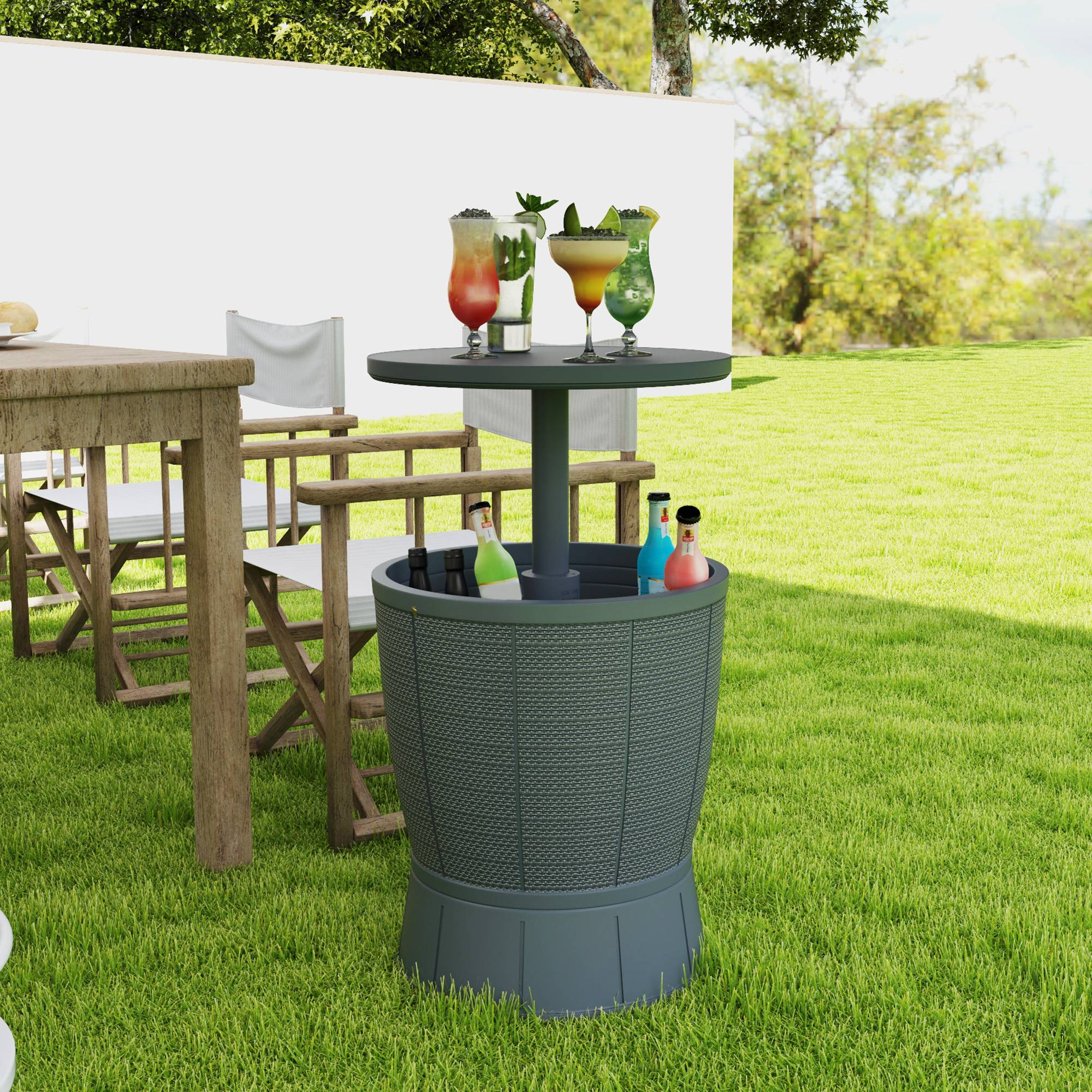 Outsunny - Table à glacière 3 en 1 Ø49x58-84cm avec seau à glace plateau télescopique pour bière vin cocktails jardin gris - Outsunny - Image 2