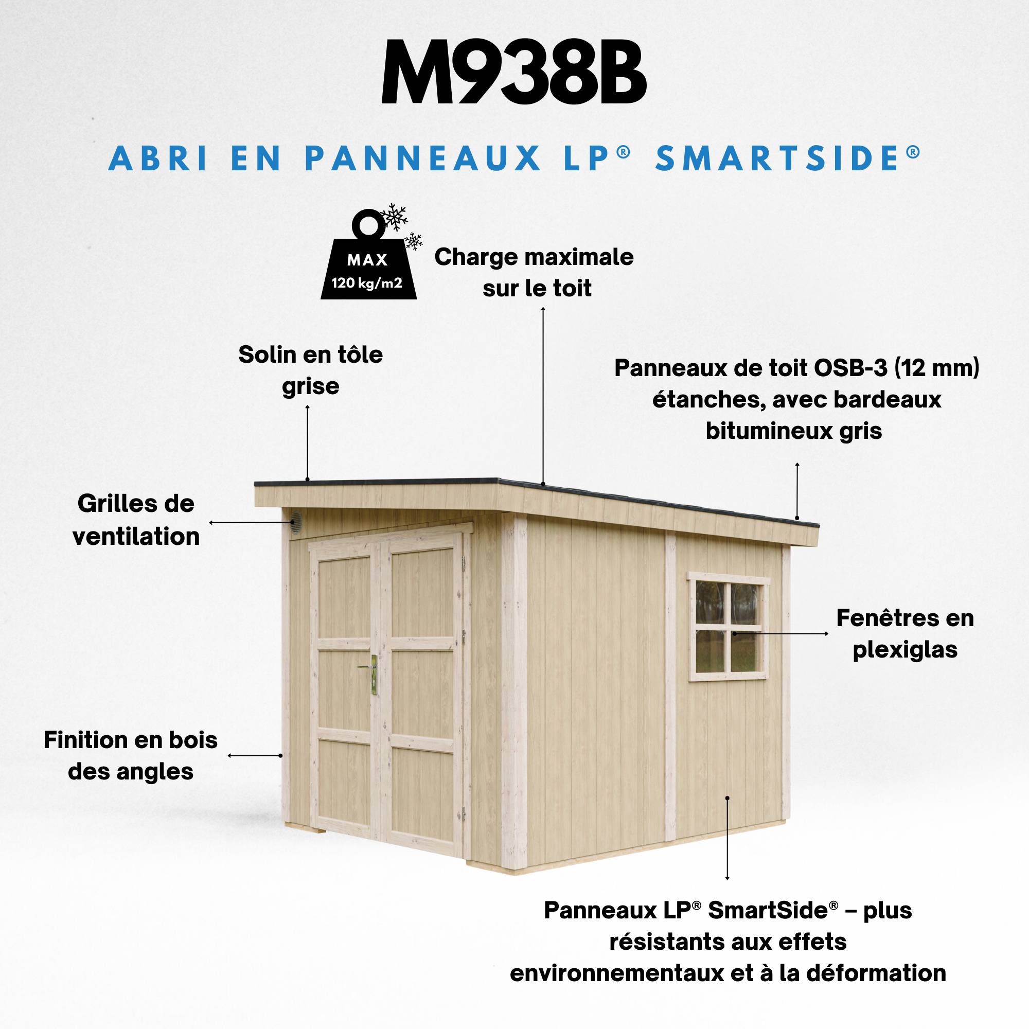 Timbela - Abri de Jardin Qualité Premium 5,9 m² - H231x248x294 cm sans plancher e paroi latérale - Construction de Panneaux LP Smartside - Timbela M938B - Image 9