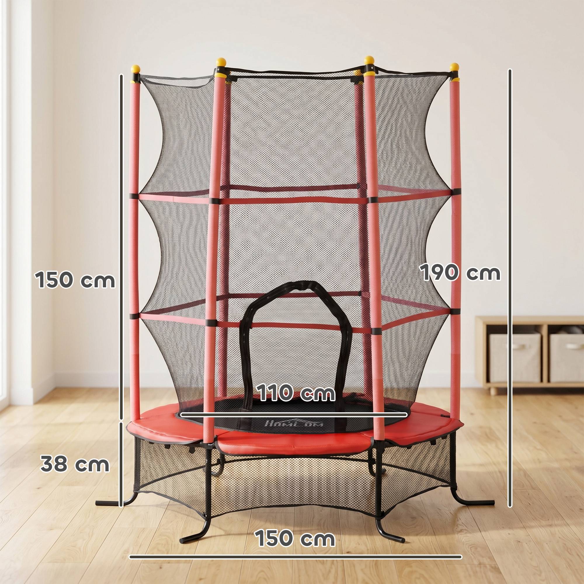 Trampoline Enfant Ø 1,63 × 1,9H m Filet de sécurité Porte zipée Couvre-Ressorts 6 poteaux rembourrés Inclus Rouge - Image 5
