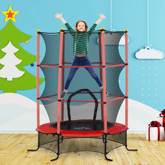 Trampoline Enfant Ø 1,63 × 1,9H m Filet de sécurité Porte zipée Couvre-Ressorts 6 poteaux rembourrés Inclus Rouge - Image 4