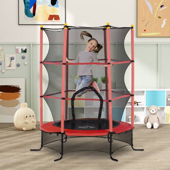 Trampoline Enfant Ø 1,63 × 1,9H m Filet de sécurité Porte zipée Couvre-Ressorts 6 poteaux rembourrés Inclus Rouge - Image 3