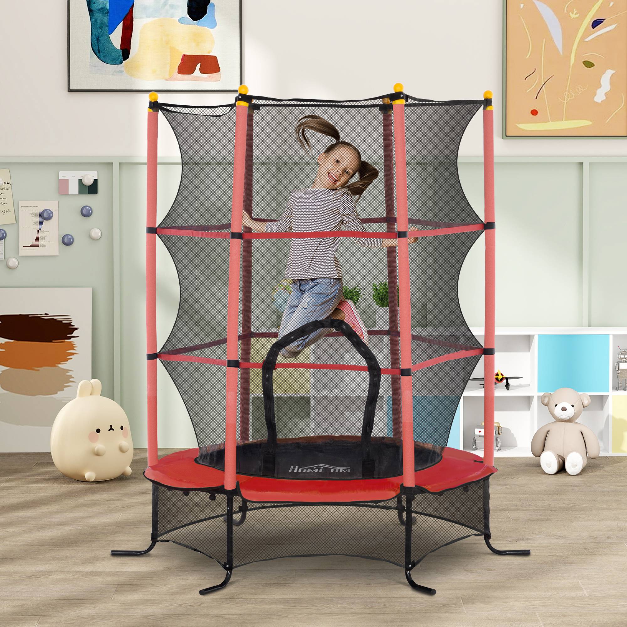 Trampoline Enfant Ø 1,63 × 1,9H m Filet de sécurité Porte zipée Couvre-Ressorts 6 poteaux rembourrés Inclus Rouge - Image 3