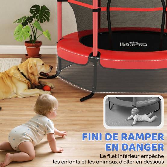 Trampoline Enfant Ø 1,63 × 1,9H m Filet de sécurité Porte zipée Couvre-Ressorts 6 poteaux rembourrés Inclus Rouge - Image 7