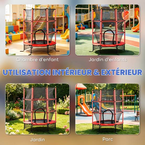 Trampoline Enfant Ø 1,63 × 1,9H m Filet de sécurité Porte zipée Couvre-Ressorts 6 poteaux rembourrés Inclus Rouge - Image 10