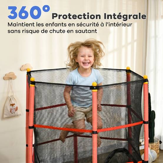 Trampoline Enfant Ø 1,63 × 1,9H m Filet de sécurité Porte zipée Couvre-Ressorts 6 poteaux rembourrés Inclus Rouge - Image 8