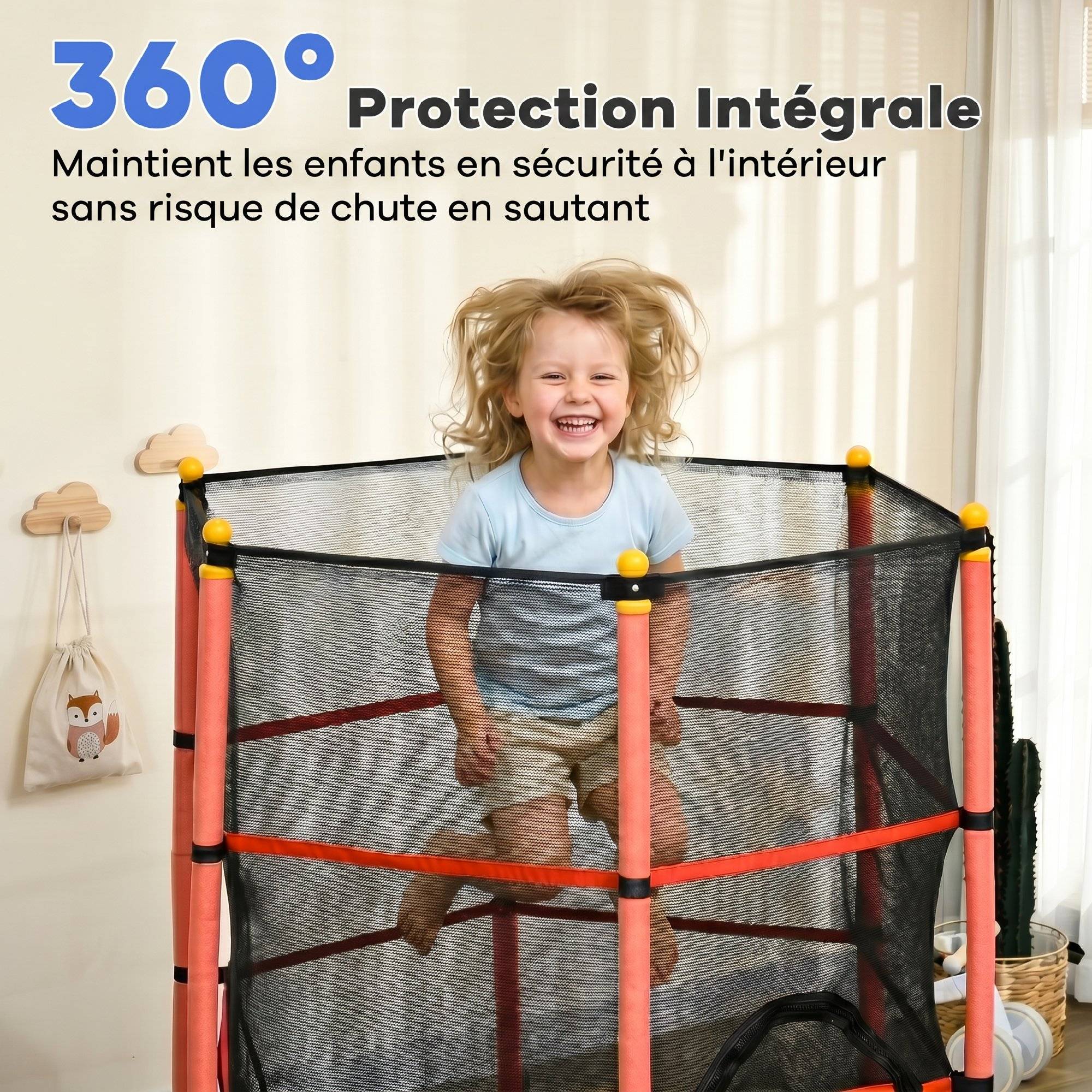 Trampoline Enfant Ø 1,63 × 1,9H m Filet de sécurité Porte zipée Couvre-Ressorts 6 poteaux rembourrés Inclus Rouge - Image 8