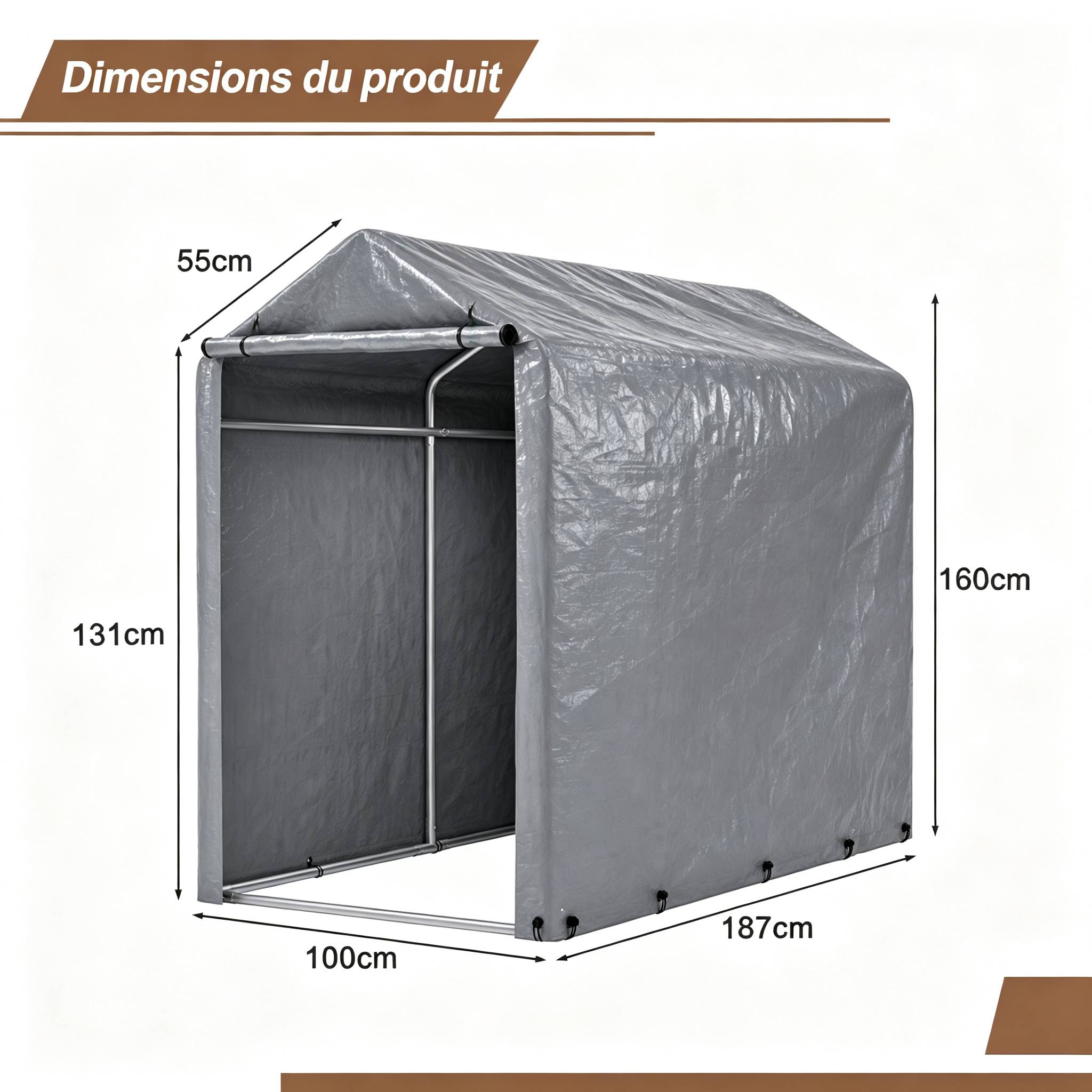 Petit abri vélo et rangement 187×100×160 cm, bâche PE étanche anti-UV, acier galvanisé gris - Image 2