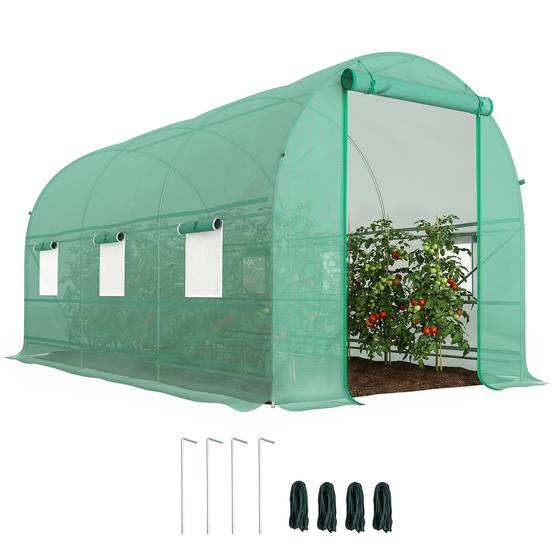 Serre tunnel de jardin 8 m², serre de jardin tunnel avec porte et 6 fenêtres, bâche PE 140 g/m² 400 x 200 x 200 cm vert - Image 1
