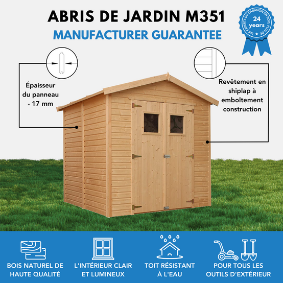 Timbela - Abri de Jardin en Bois Naturel H228x222x233 cm/4,2 m² avec les planchers imprégné et fenêtres - 17 mm d’épaisseur - Timbela M351+M351G - Image 8