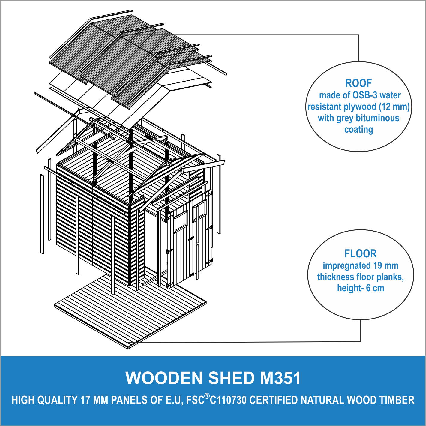 Timbela - Abri de Jardin en Bois Naturel H228x222x233 cm/4,2 m² avec les planchers imprégné et fenêtres - 17 mm d’épaisseur - Timbela M351+M351G - Image 7