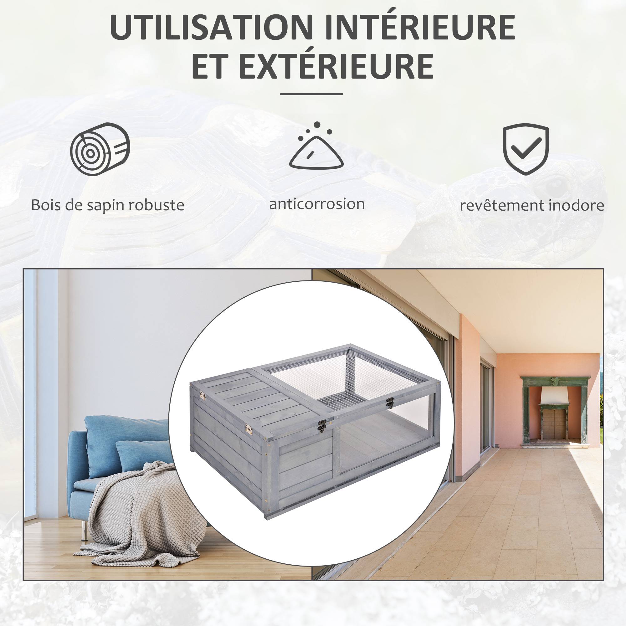 Maison enclos cage habitat pour petit animal tortues avec 2 espaces 91 x 60,5 x 32 cm bois massif gris - Image 6