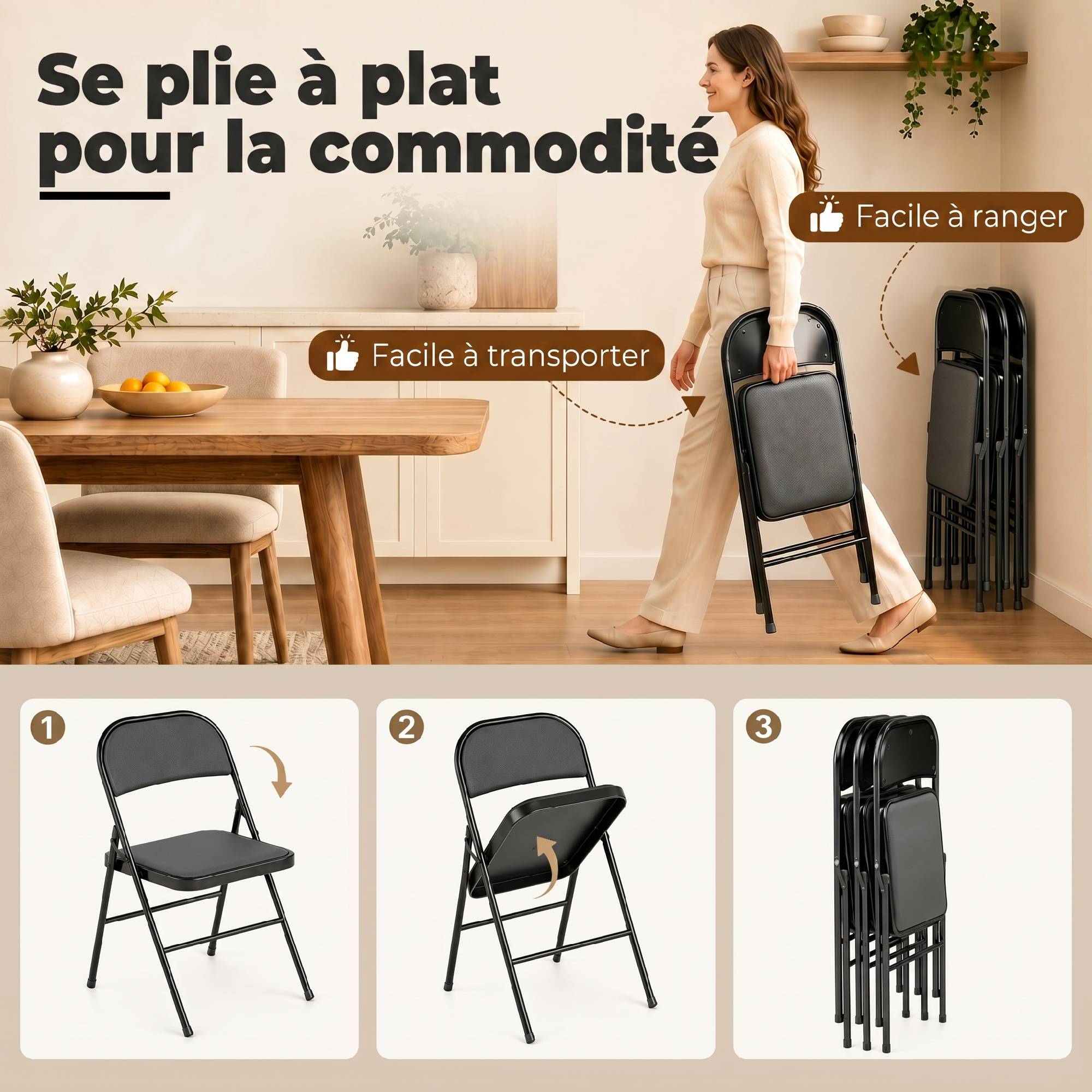 Lot de 4 chaises pliantes chaises de salle à manger portables cadre en acier 45 x 46 x 78 cm noir - Image 8
