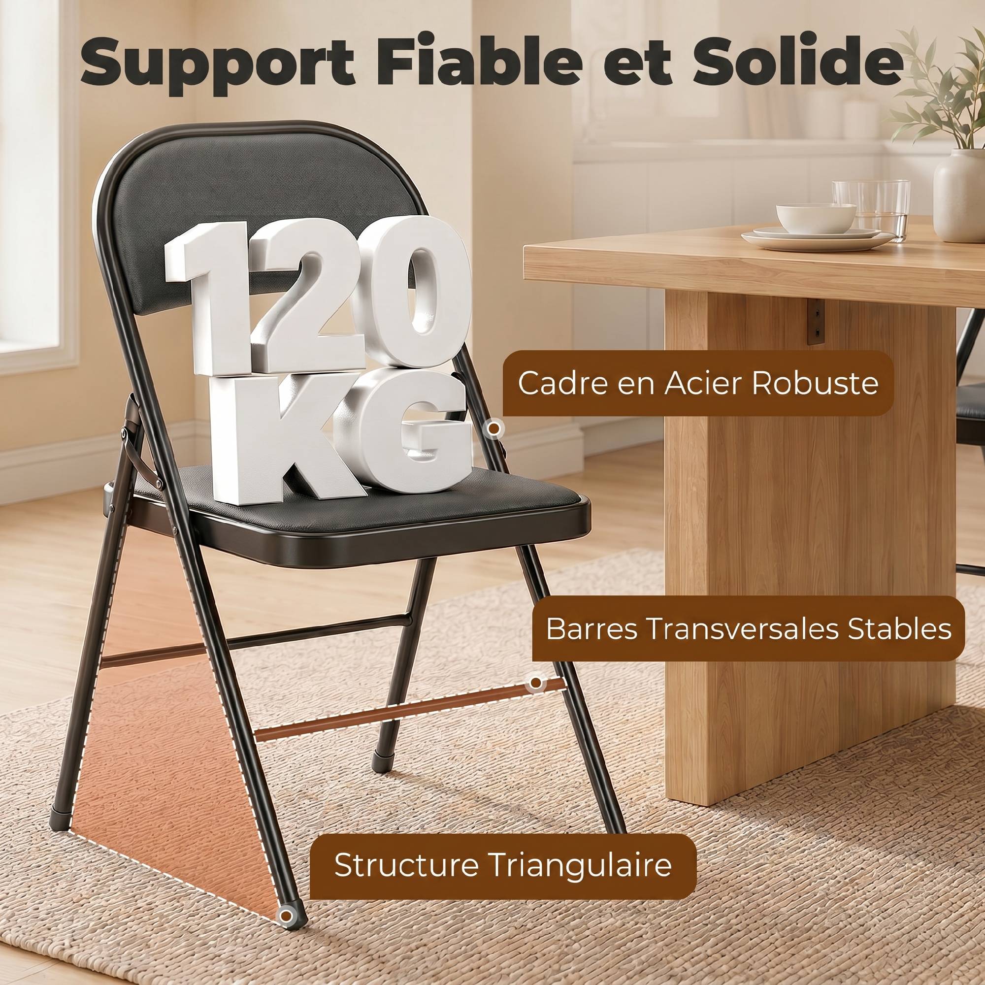 Lot de 4 chaises pliantes chaises de salle à manger portables cadre en acier 45 x 46 x 78 cm noir - Image 9