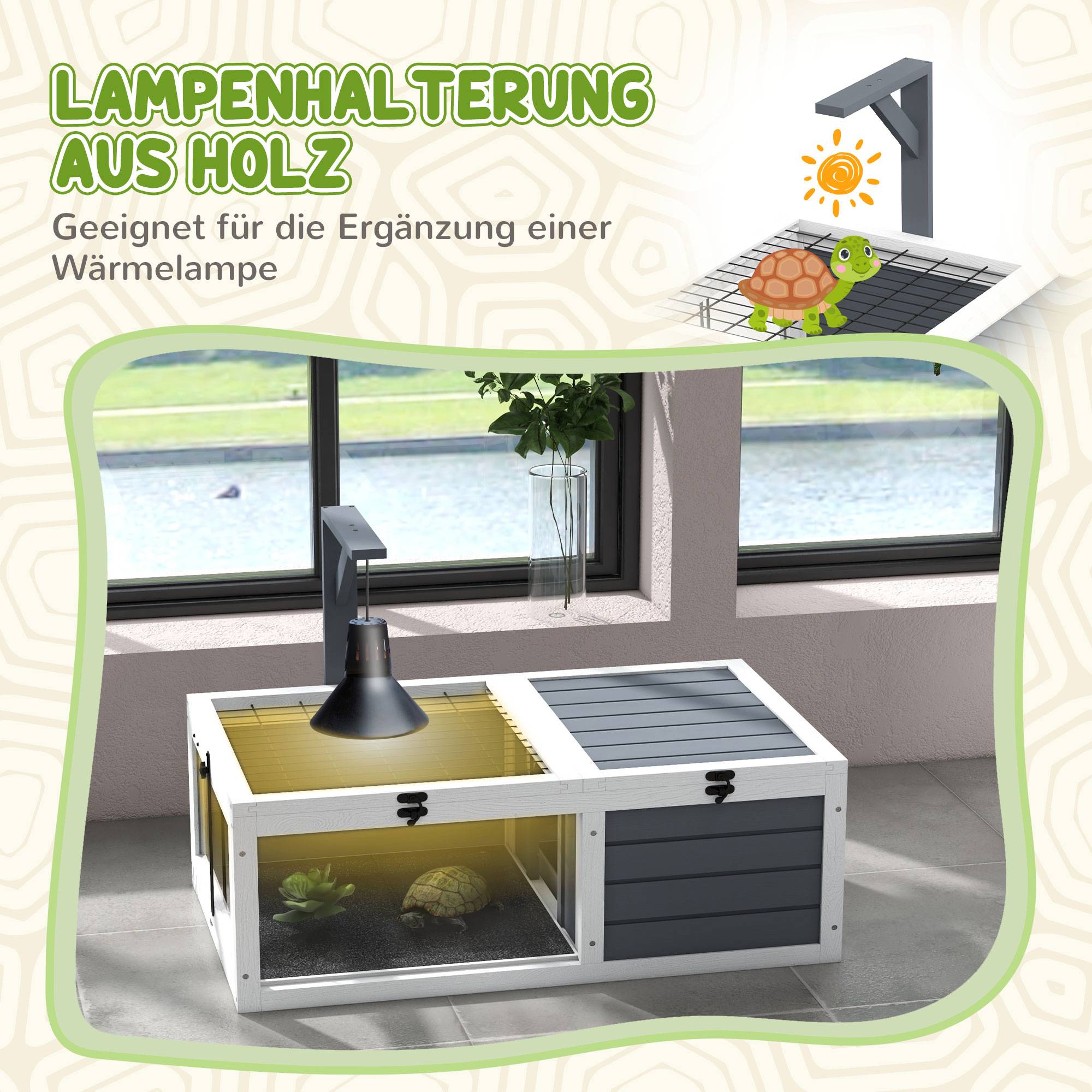 ComfortXL - Enclos tortue bois de sapin gris blanc 81 x 48 x 31,5 cm habitat reptile 2 zones avec fenêtres et support de lampe - Image 5