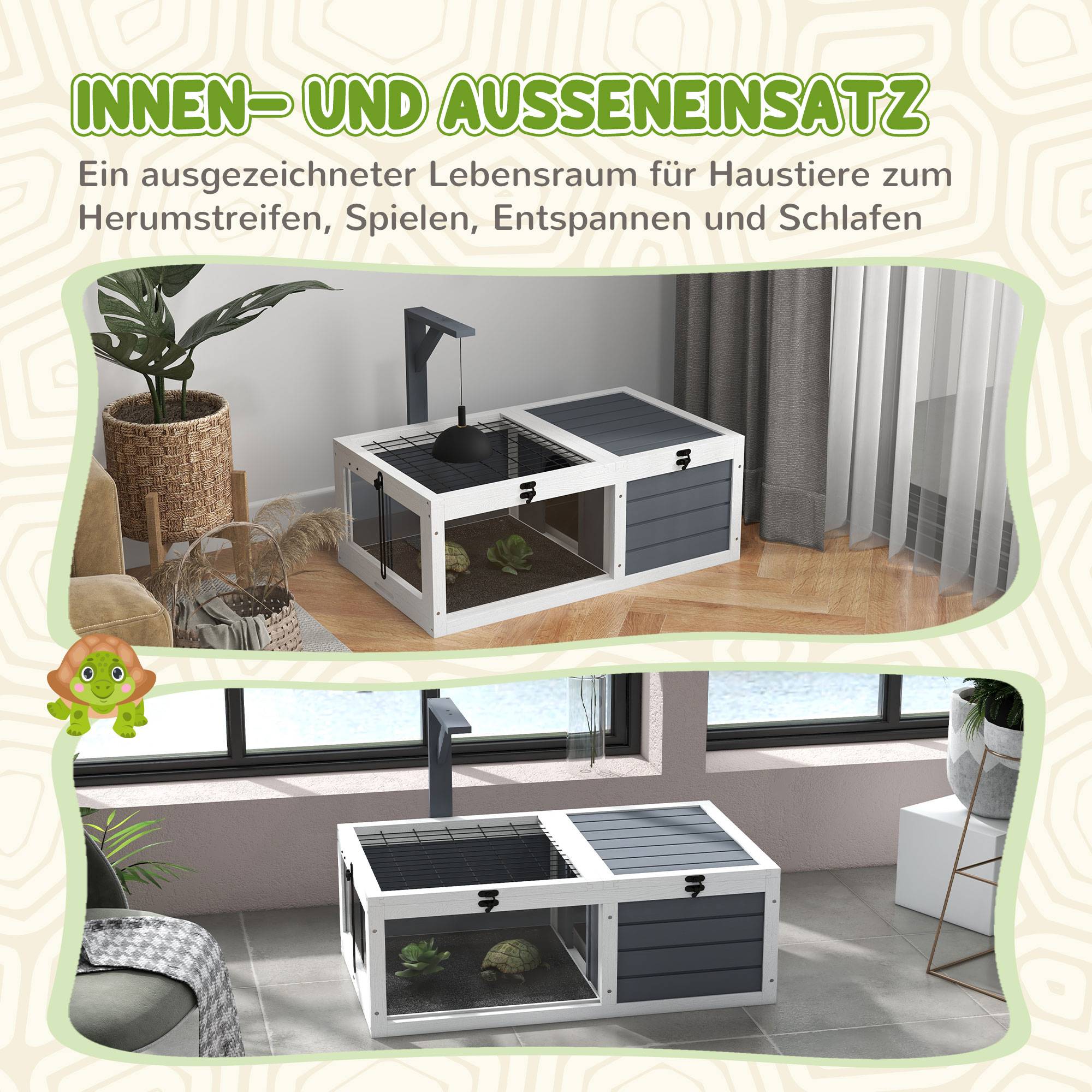 ComfortXL - Enclos tortue bois de sapin gris blanc 81 x 48 x 31,5 cm habitat reptile 2 zones avec fenêtres et support de lampe - Image 8