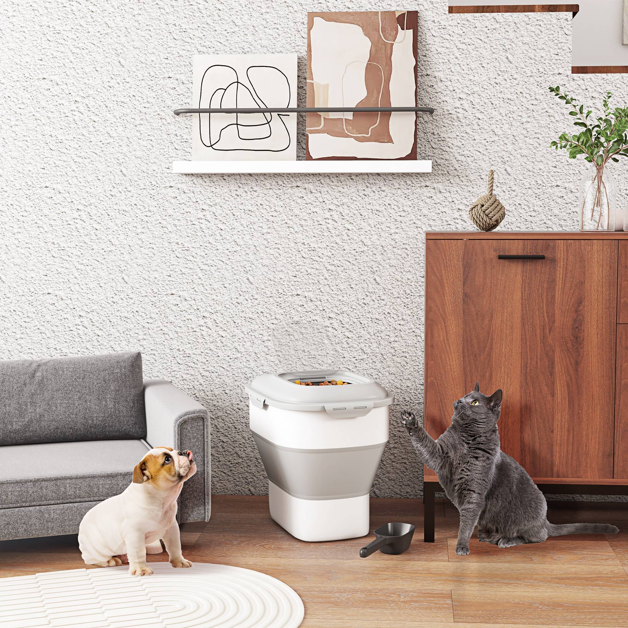 Conteneur à croquettes pour chien de 25 L avec roulettes, verre doseur, gamelle pliable et pelle, gris - Image 3