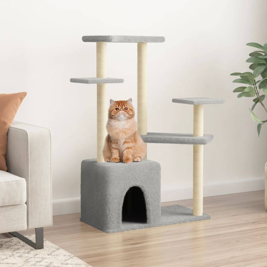 Arbre à chat design en sisal avec niche et plateformes de repos Gris Clair 107,5 cm – ComfortXL Pet Living - Image 1