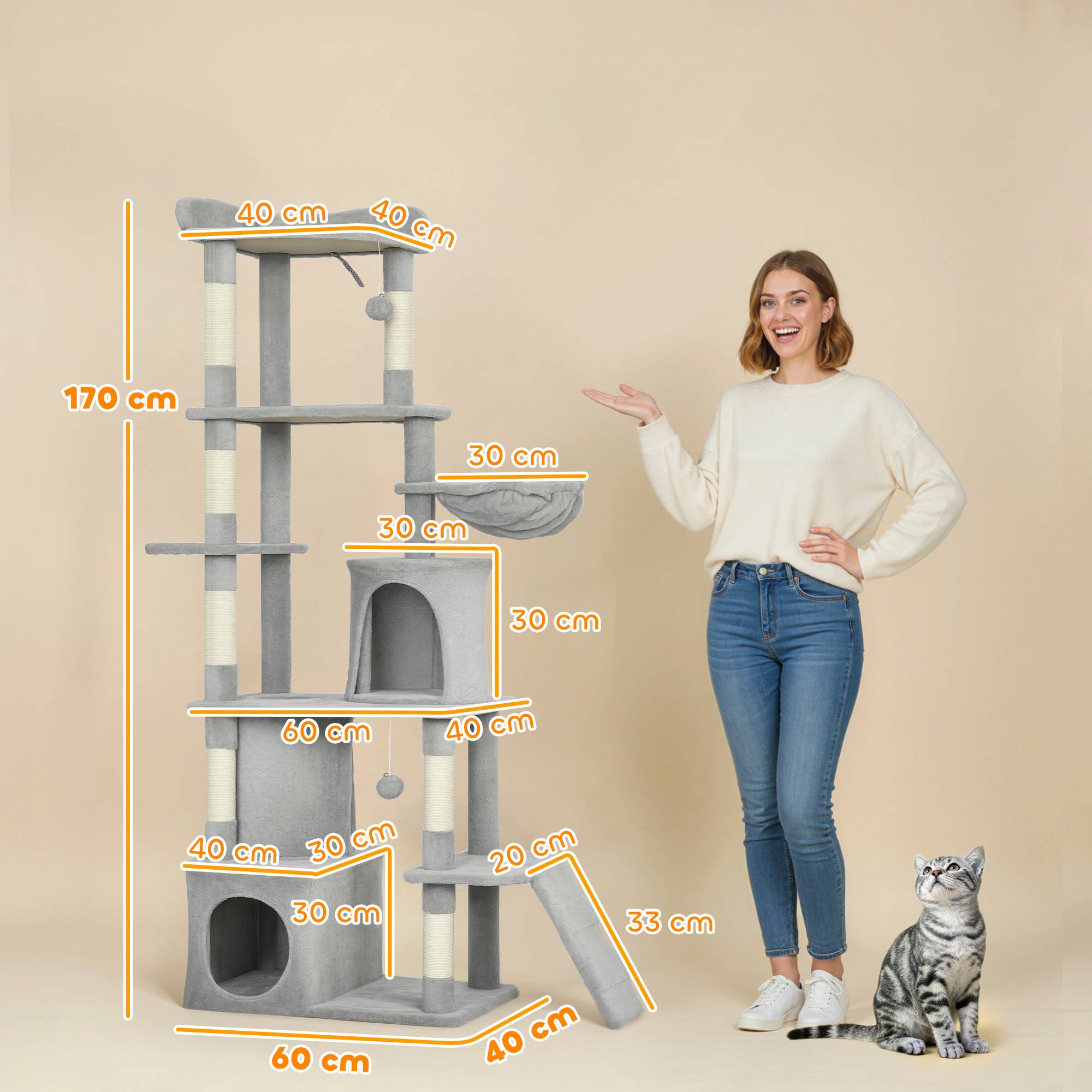 Arbre à chat XXL, 7 poteaux sisal, 3 plateformes, 2 niches, tunnel, hamac, pompons, 170 cm, gris foncé - Image 5