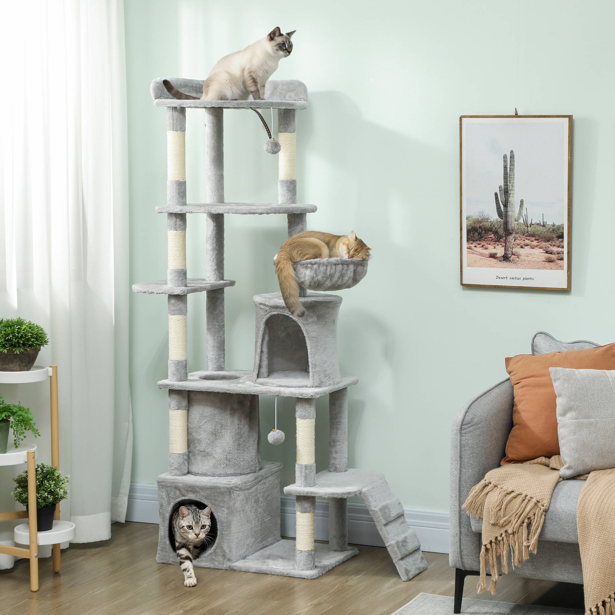 Arbre à chat XXL, 7 poteaux sisal, 3 plateformes, 2 niches, tunnel, hamac, pompons, 170 cm, gris foncé - Image 3