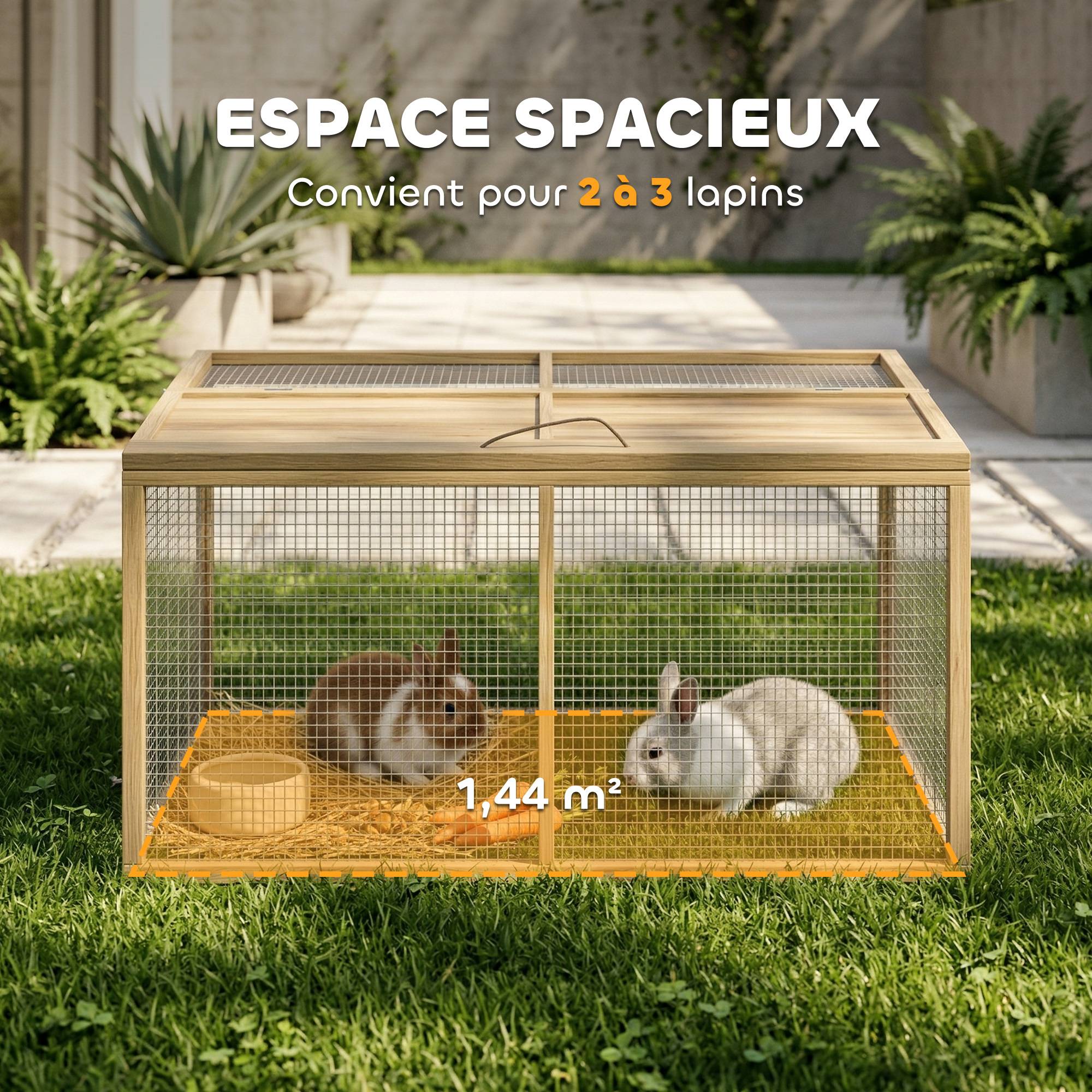 Enclos lapin intérieur extérieur pliable, toit entièrement ouvrable, poignée, 1,44㎡, 120x120x57cm, naturel - Image 6