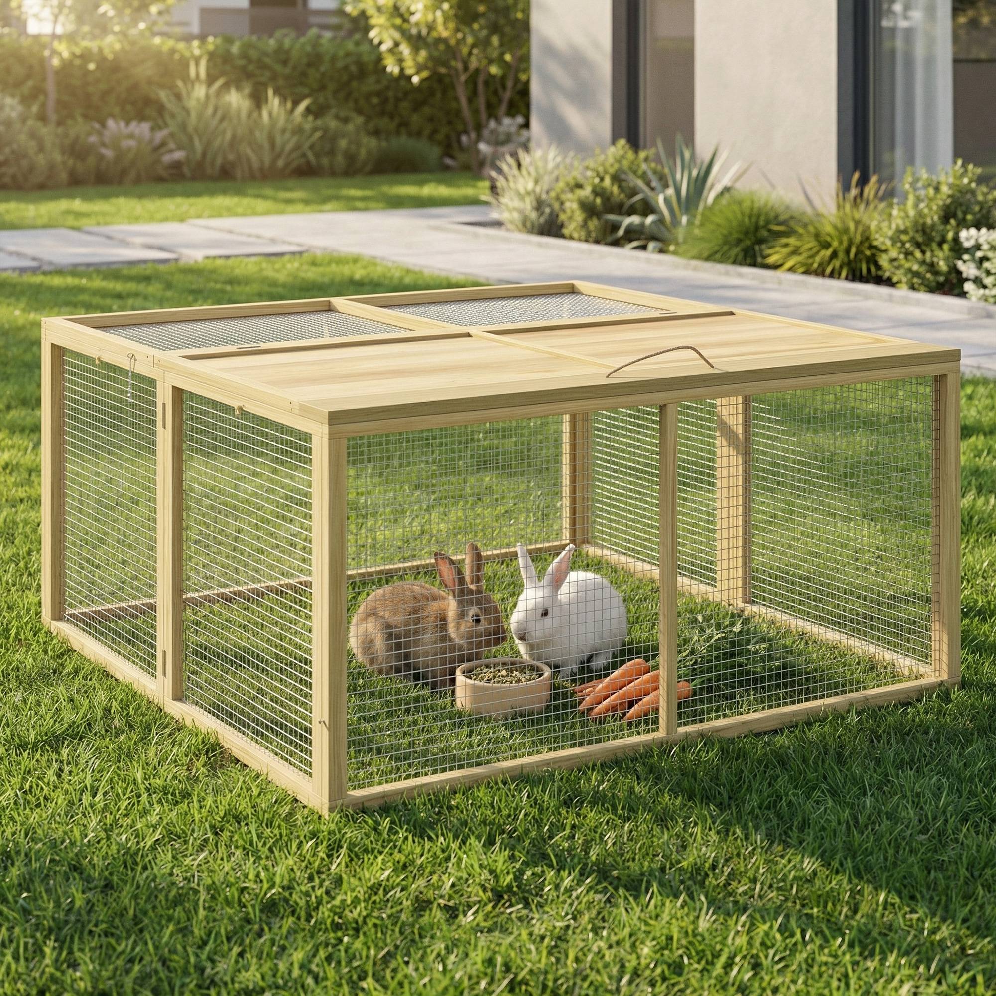 Enclos lapin intérieur extérieur pliable, toit entièrement ouvrable, poignée, 1,44㎡, 120x120x57cm, naturel - Image 4