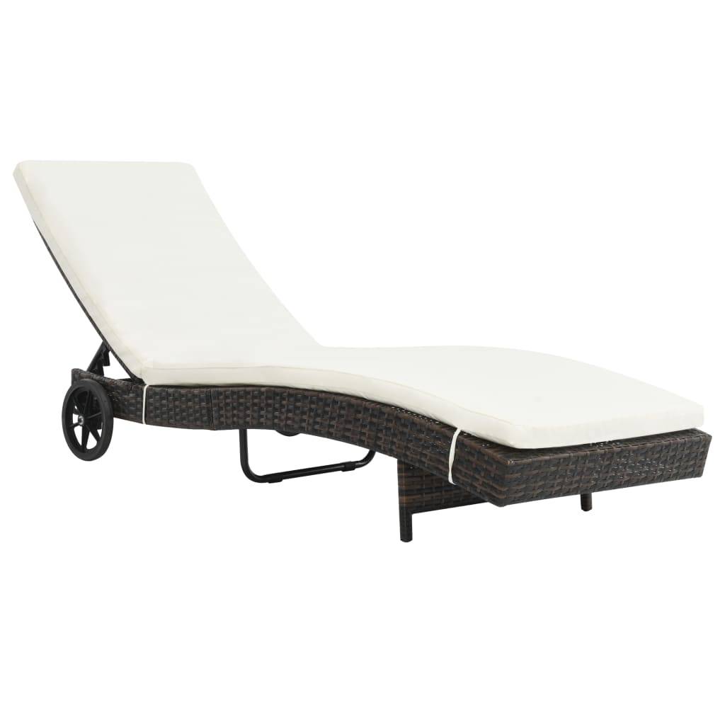 Helloshop26 - Transat chaise longue bain de soleil lit de jardin terrasse meuble d'extérieur avec roues et coussin résine tressée marron - Image 1