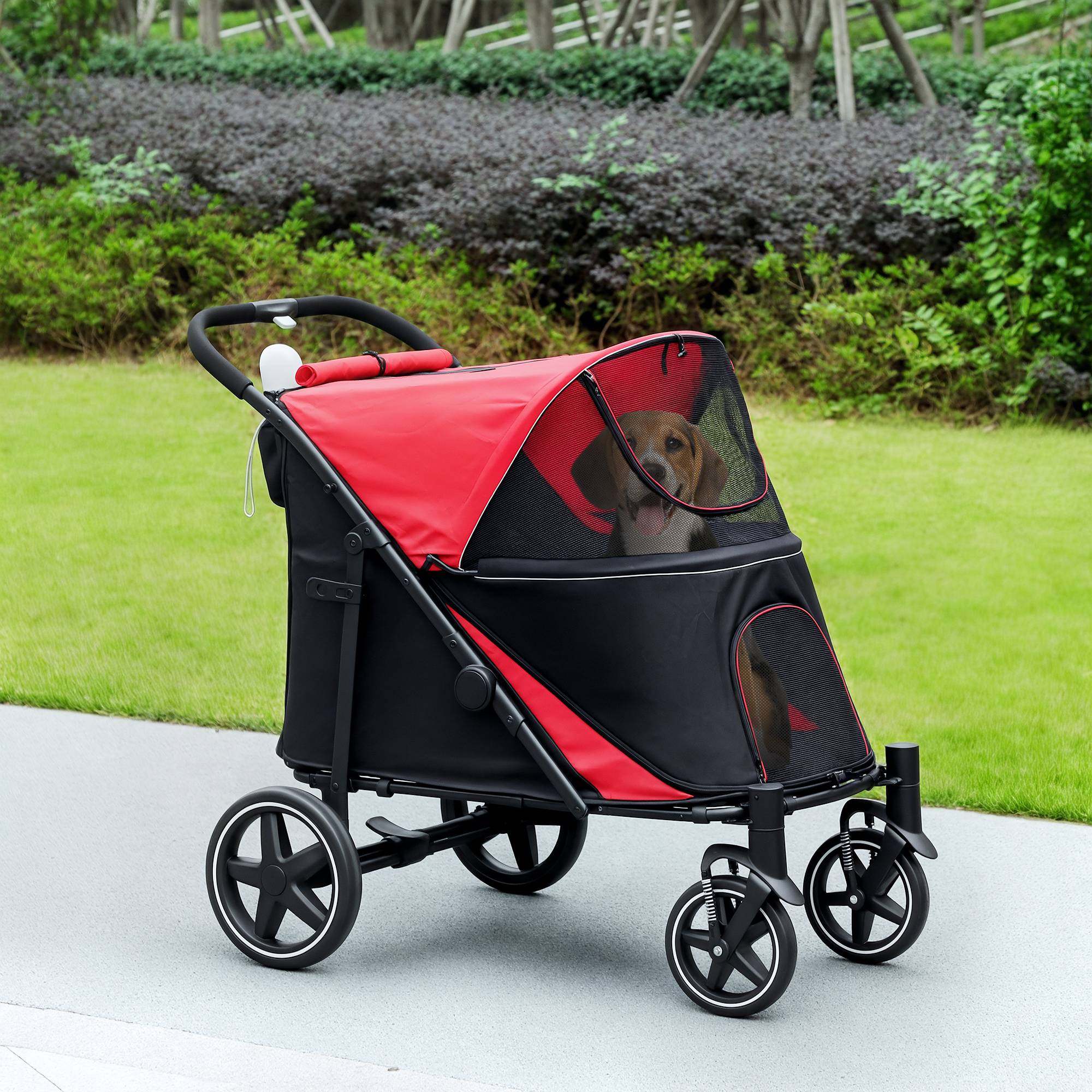 Poussette pliable pour chien avec fenêtres en filet et sangles de sécurité, 112 x 67 x 100 cm, rouge - Image 4