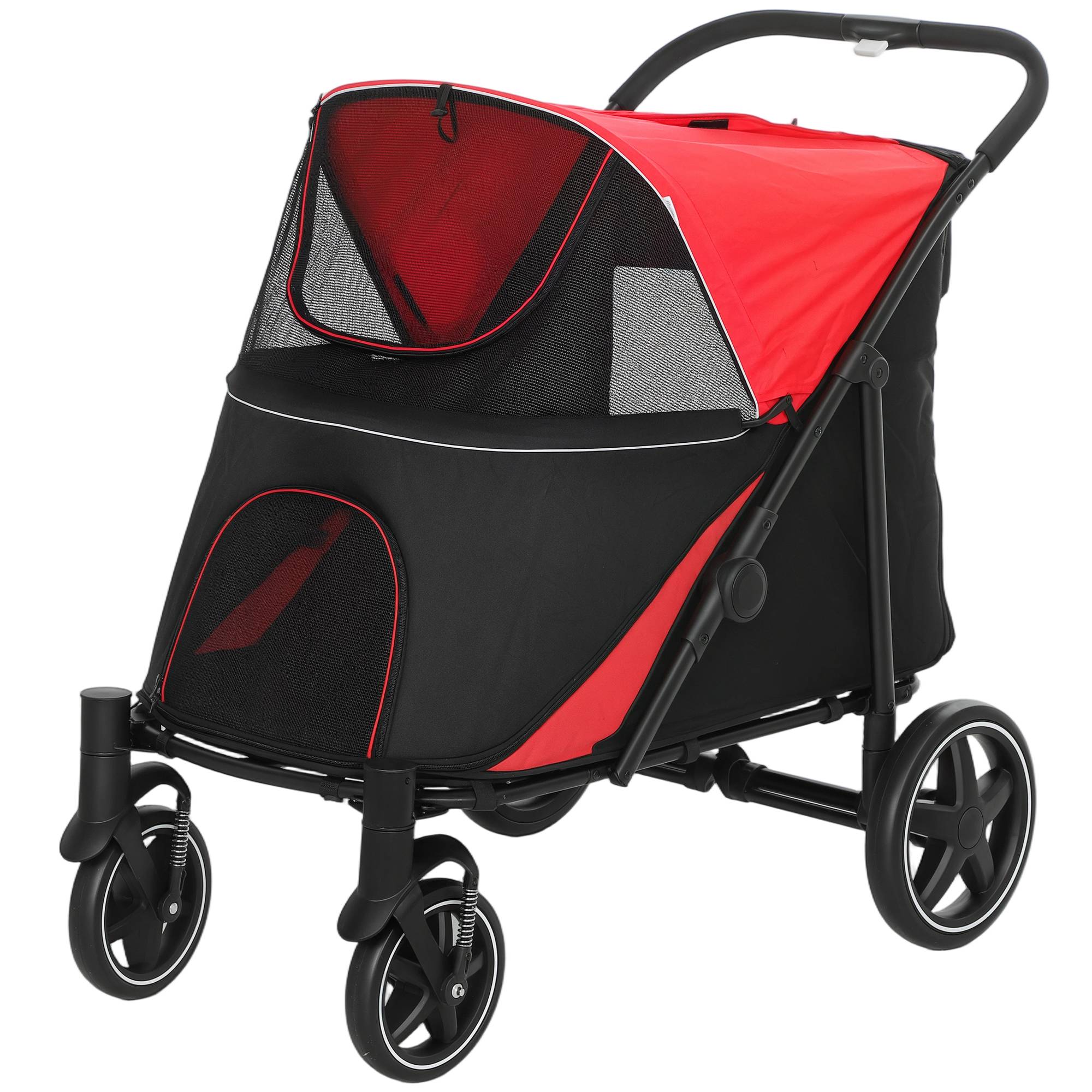 Poussette pliable pour chien avec fenêtres en filet et sangles de sécurité, 112 x 67 x 100 cm, rouge - Image 2