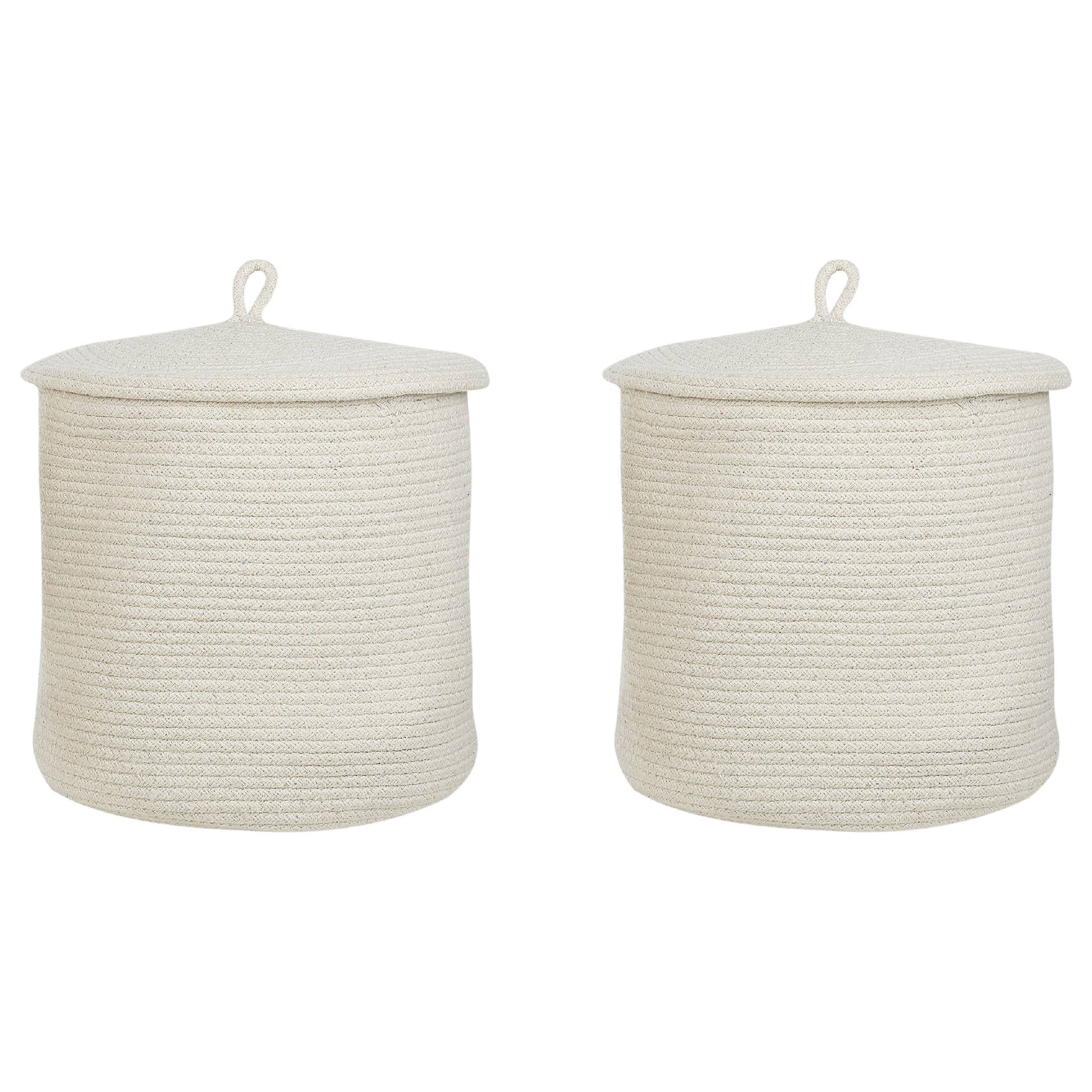 Paniers Blanc Clair en Coton Ronds 33 cm Corbeille à Linge Tressée Rangement pour Intérieur Minimaliste avec Couvercle Boîte Lot de 2