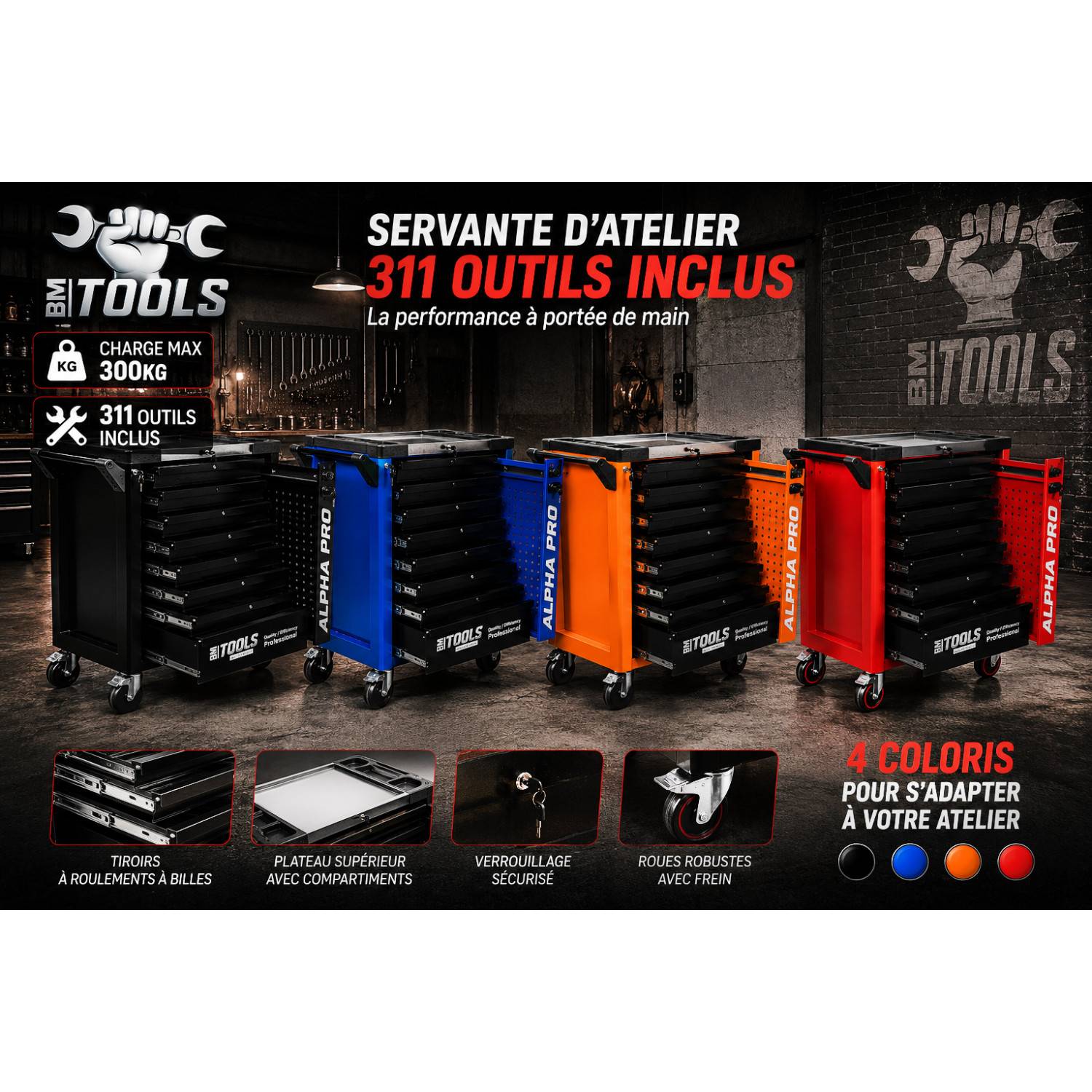 Servante d'Atelier Garage Automobile BM TOOLS ALPHA-PRO - 9 Tiroirs - 311 OUTILS, 4 roues, 2 freins, Chariot MECANICIEN - Rouge - Image 6