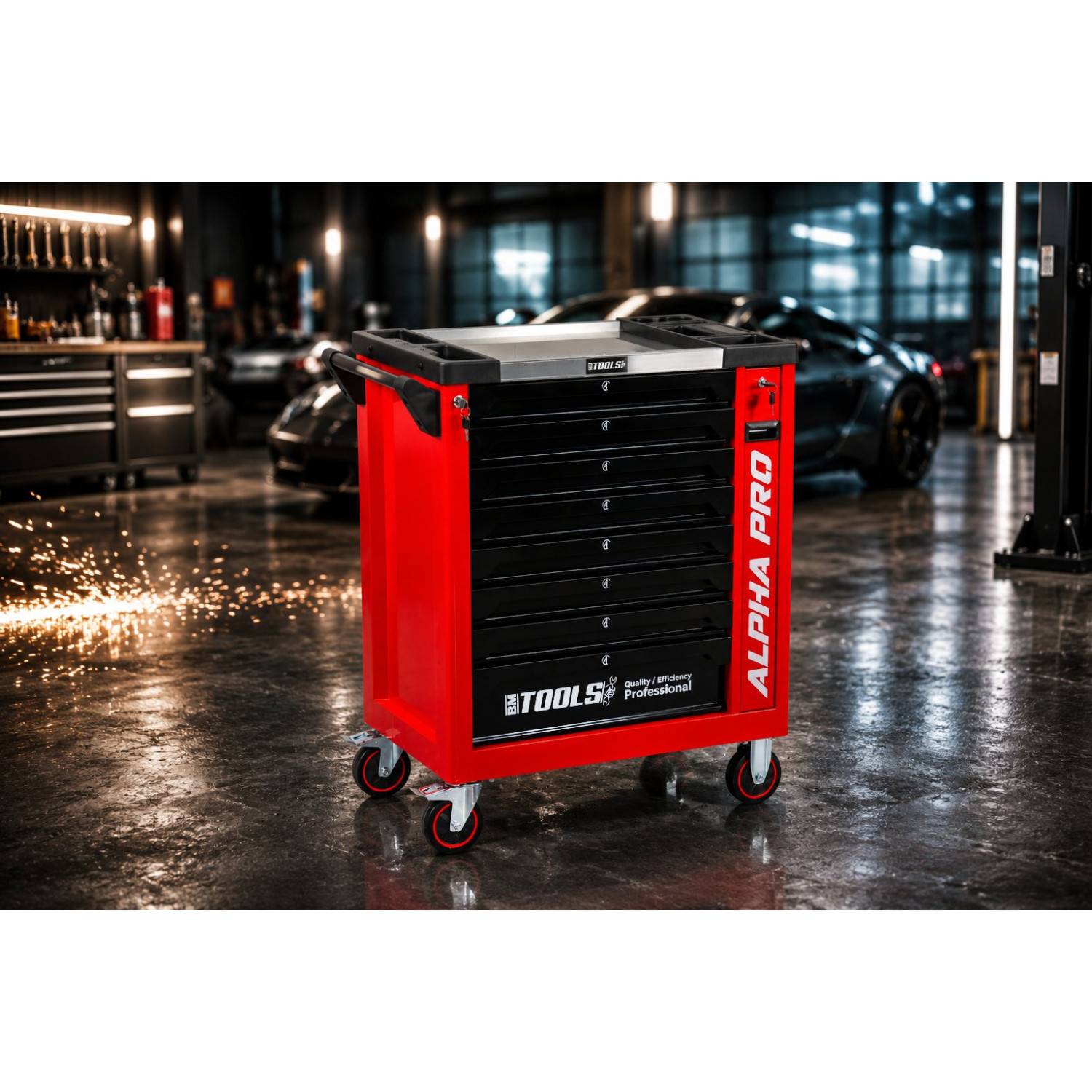 Servante d'Atelier Garage Automobile BM TOOLS ALPHA-PRO - 9 Tiroirs - 311 OUTILS, 4 roues, 2 freins, Chariot MECANICIEN - Rouge - Image 3
